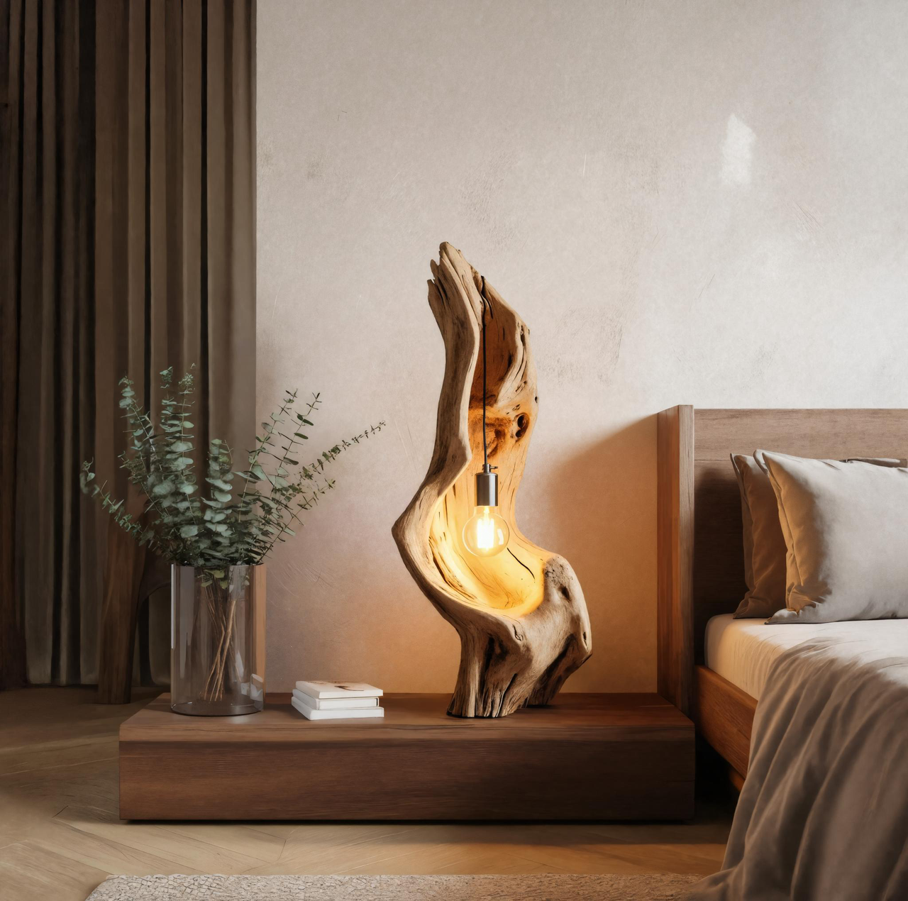 Rustic Driftwood Lamp With Exposed Bulb For Bedroom Or Living Room SITHTTLAM011