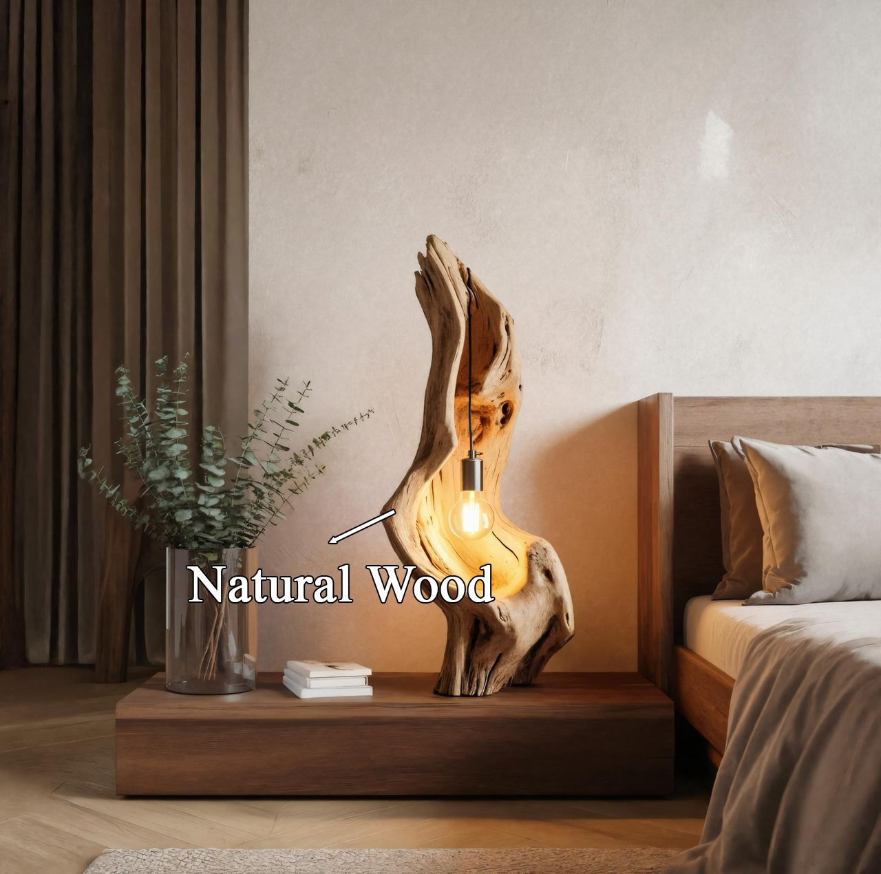 Rustic Driftwood Lamp With Exposed Bulb For Bedroom Or Living Room SITHTTLAM011