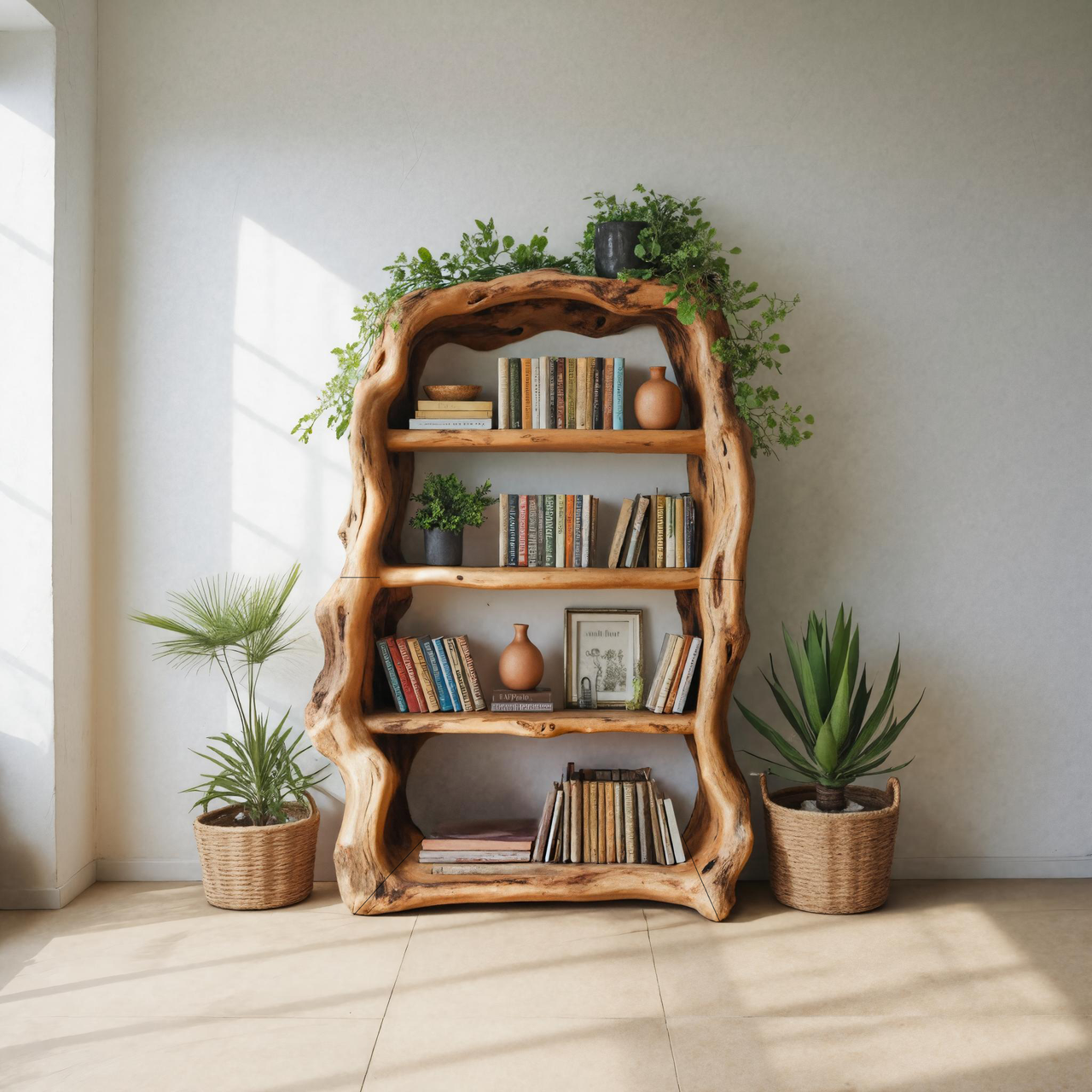 Rustic Sculptural Wooden Bookshelf With Carved Frame For Living Room Or Library SITHTTBS028