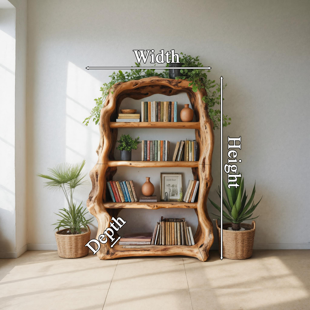 Rustic Sculptural Wooden Bookshelf With Carved Frame For Living Room Or Library SITHTTBS028