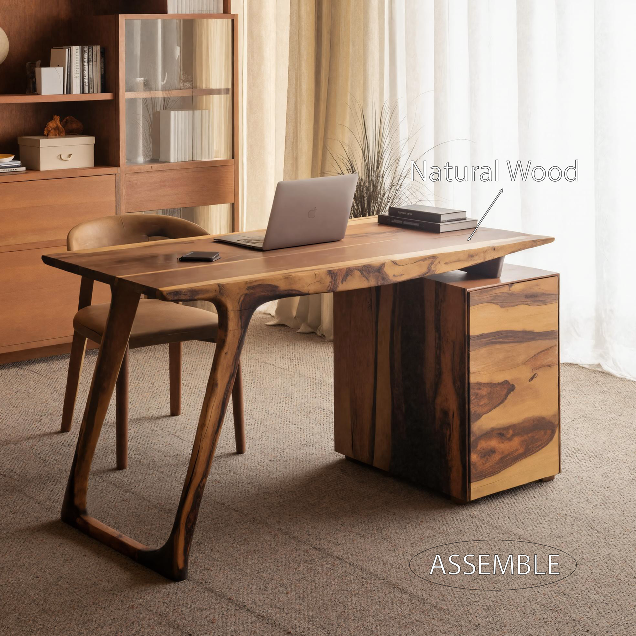 Contemporary Live Edge Office Desk With Storage Cabinet For Workspace SITHHNDE028