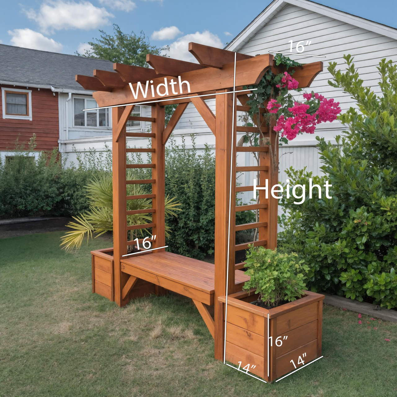 Rustic Wooden Pergola Bench With Planters For Patio Or Garden SITHHNPER001