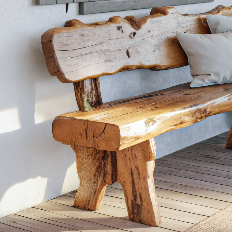 Rustic Live Edge Outdoor Wooden Bench With Backrest For Porch Or Garden SITHTTCHR033
