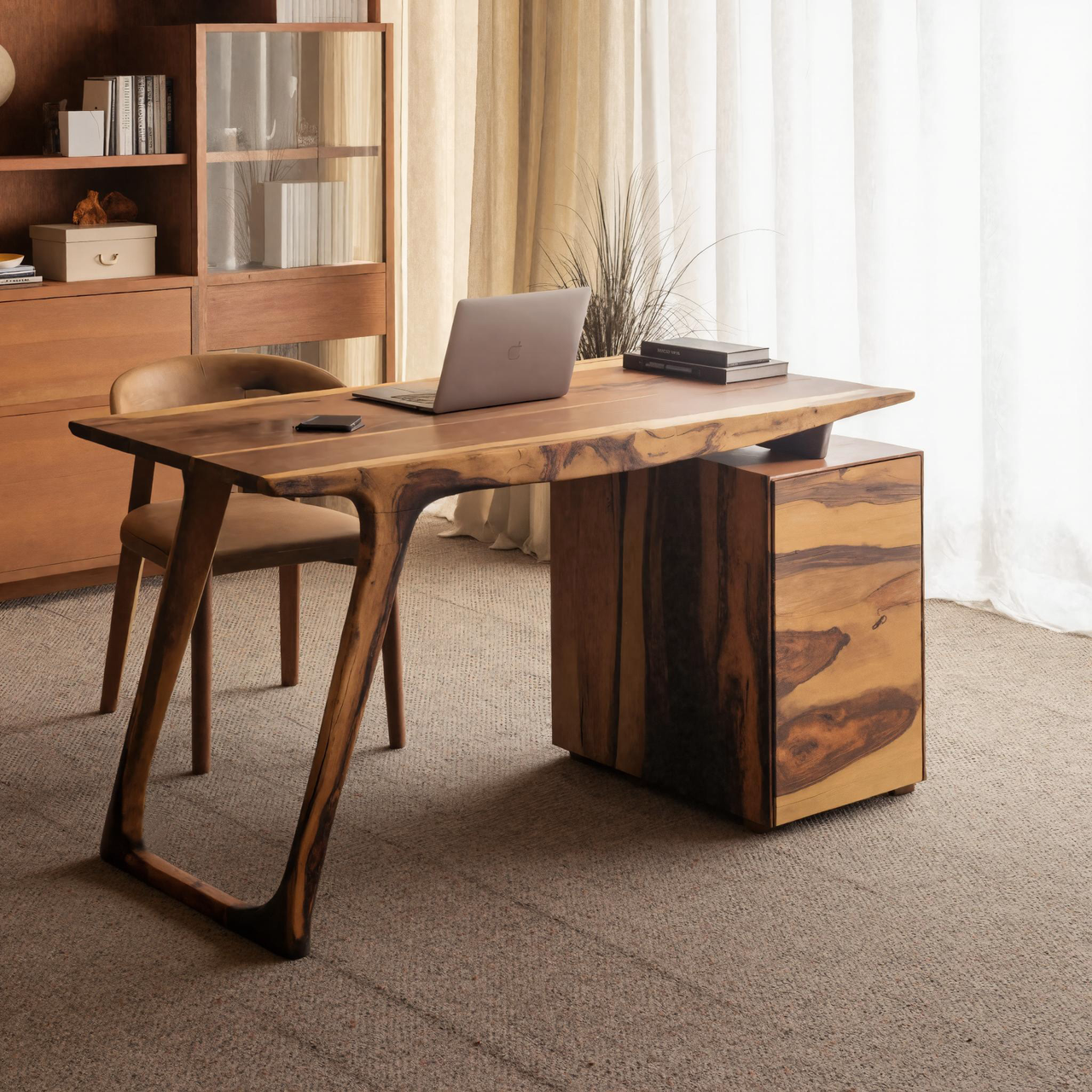 Contemporary Live Edge Office Desk With Storage Cabinet For Workspace SITHHNDE028