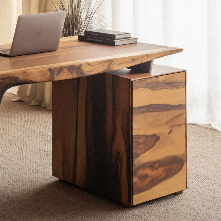 Contemporary Live Edge Office Desk With Storage Cabinet For Workspace SITHHNDE028