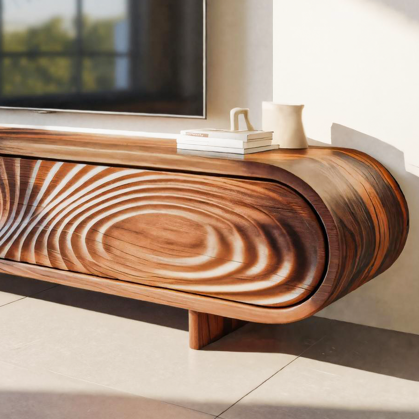 Modern Sculptural Wood TV Stand With Curved Grain Pattern For Living Room SITHTTTVC010