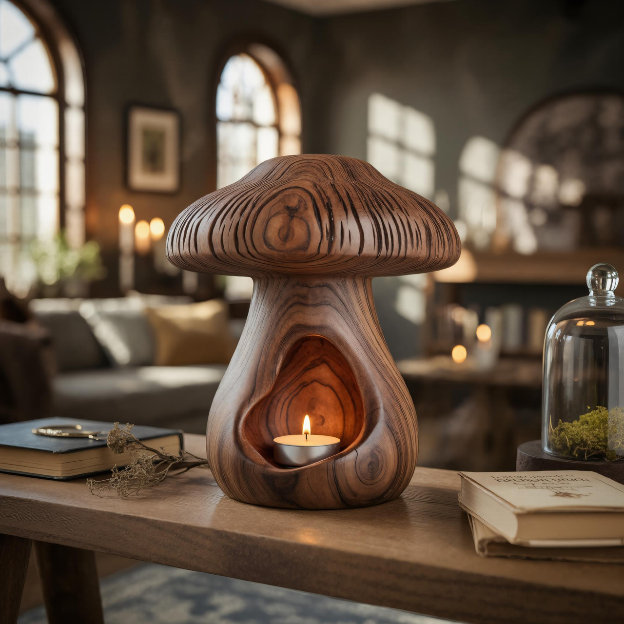 Wooden Mushroom Candle Holder Natural Tea Light Lamp For Halloween Or Fall SITHTTHW003