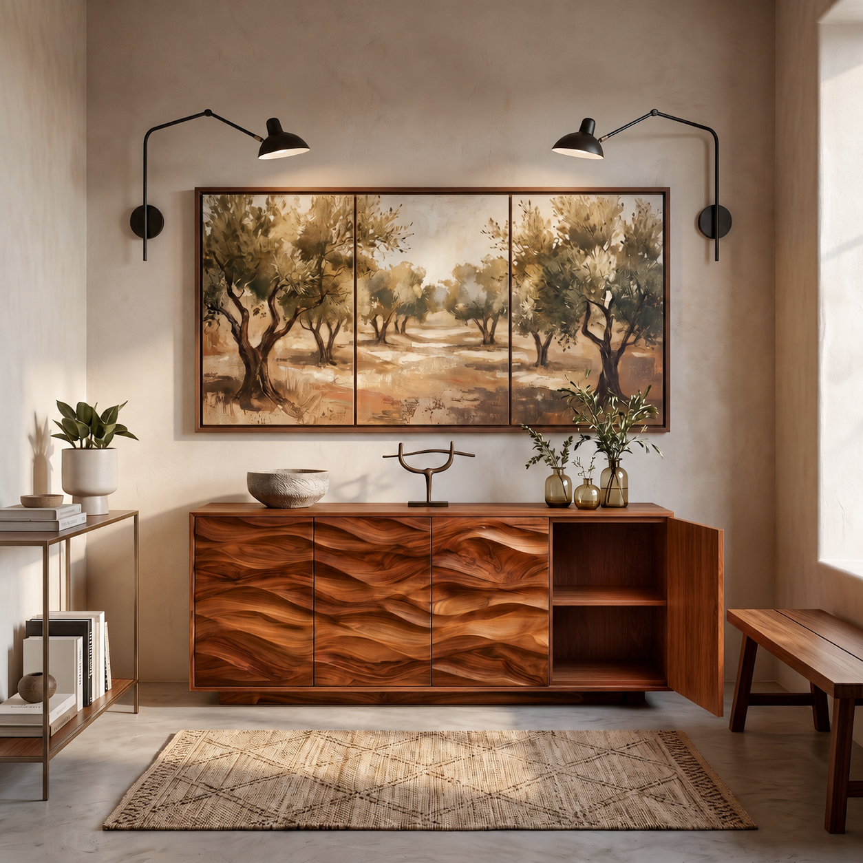 Minimalist Wooden Wave Carved Sideboard For Home RTTHTTSD051