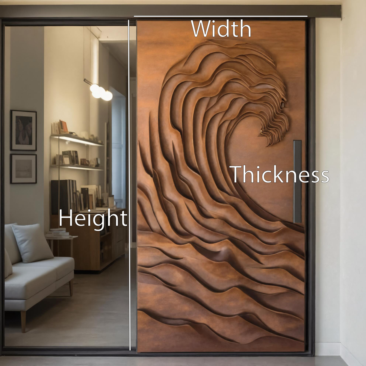 Artistic Wave Pattern Sliding Wood Door For Modern Interior Living Room Or Studio Entrance Decor SITHHNDOR009