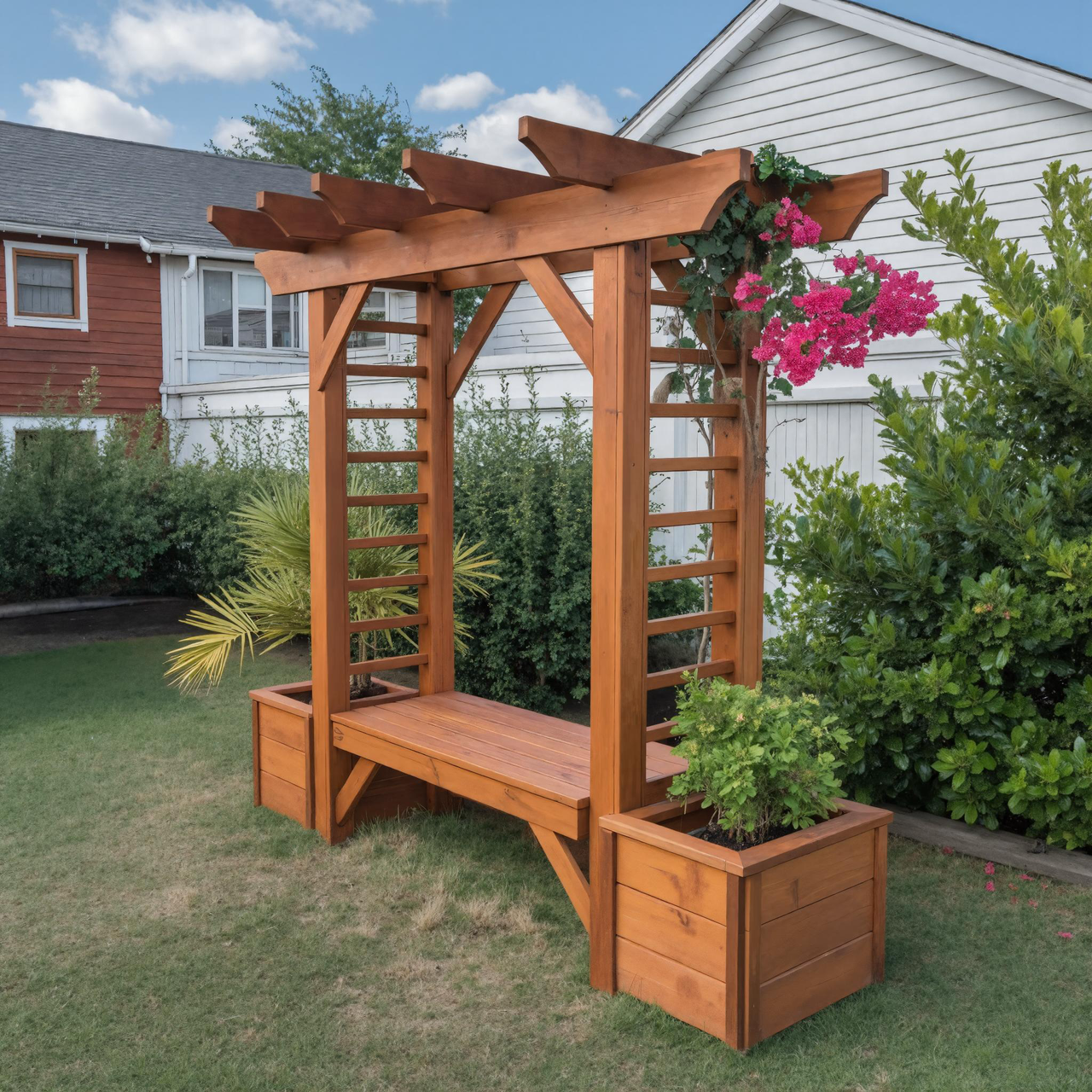Rustic Wooden Pergola Bench With Planters For Patio Or Garden SITHHNPER001