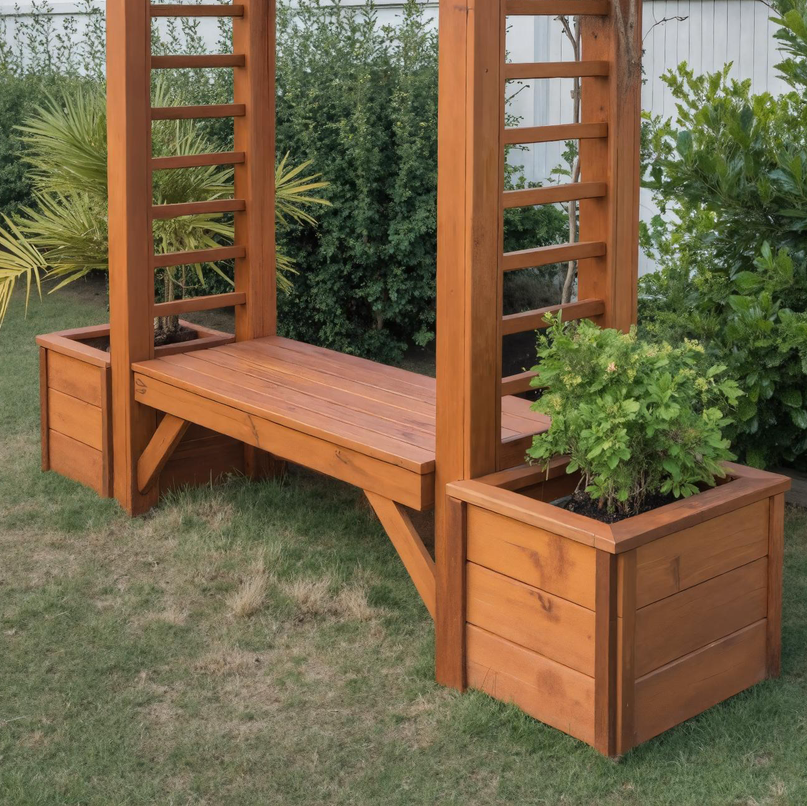 Rustic Wooden Pergola Bench With Planters For Patio Or Garden SITHHNPER001