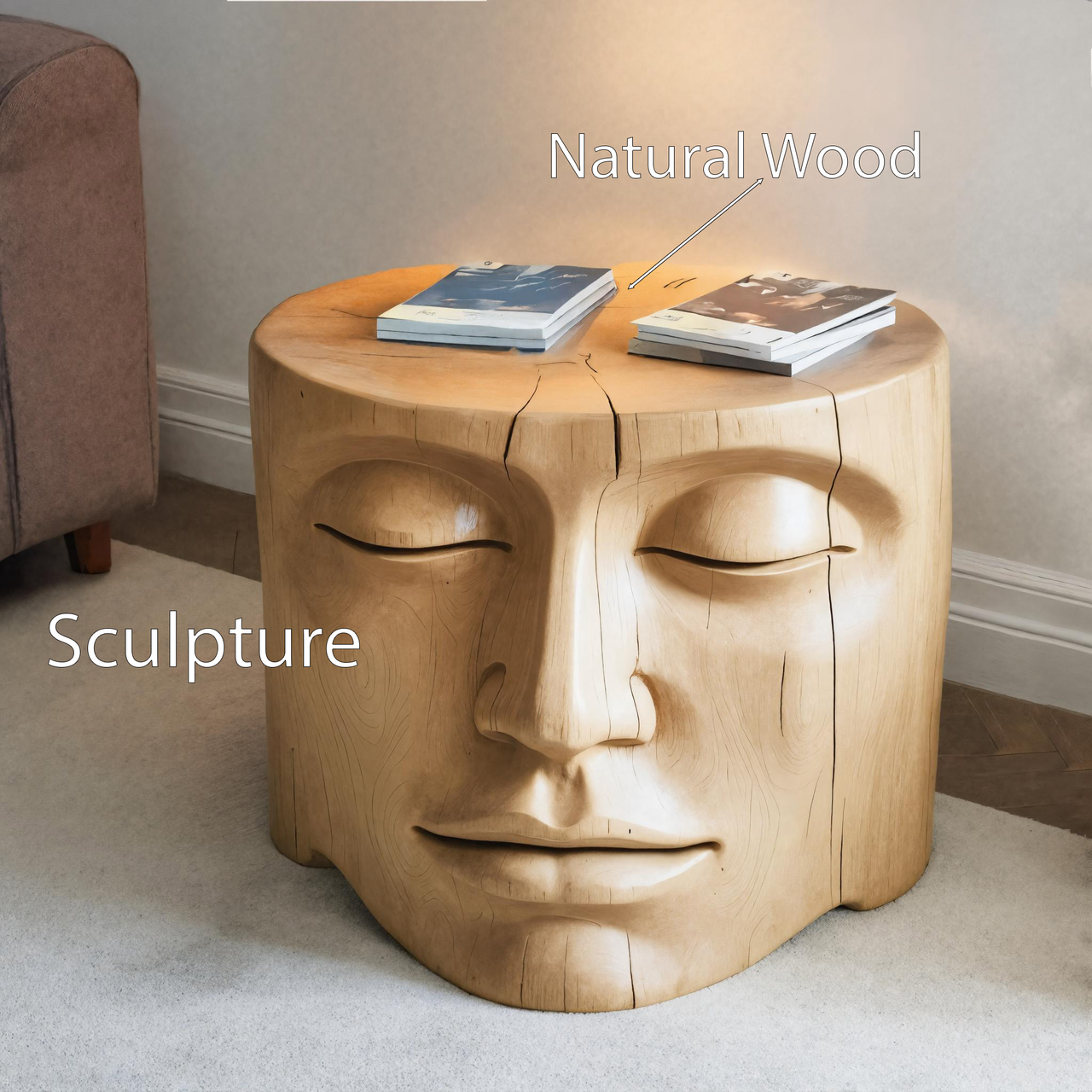 Modern Wood Face Side Table Sculptural Wooden Nightstand For Living Room Or Bedroom SITHHNSTA006