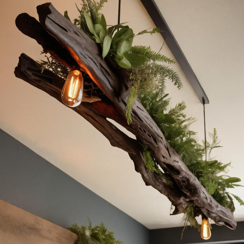 Rustic Driftwood Ceiling Light With Edison Bulbs And Greenery For Kitchen Or Living Room SITHTTLAM007