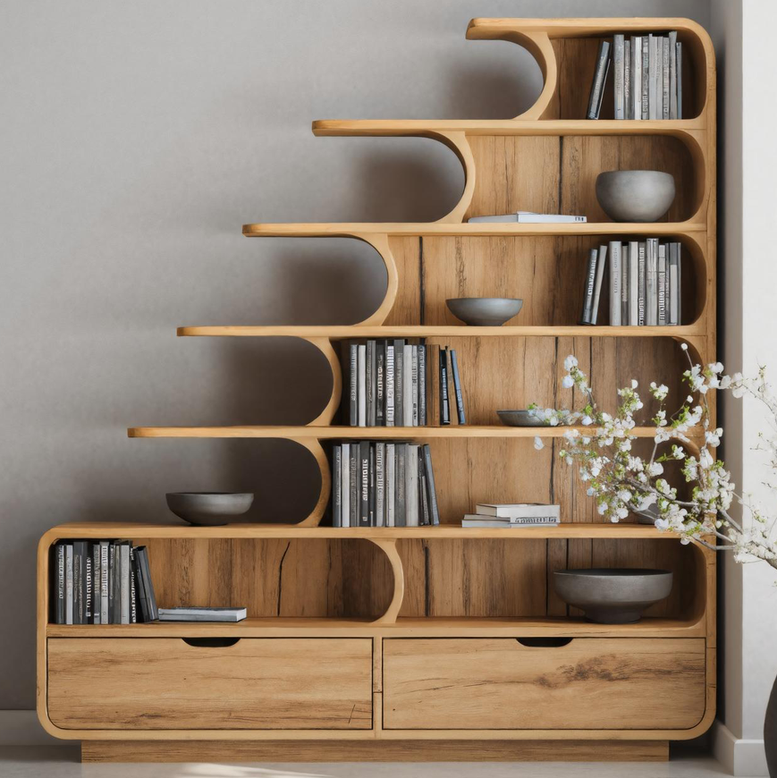 Modern Curved Bookshelf With Tiered Design And Drawers For Living Room Or Office SITHTTBS025