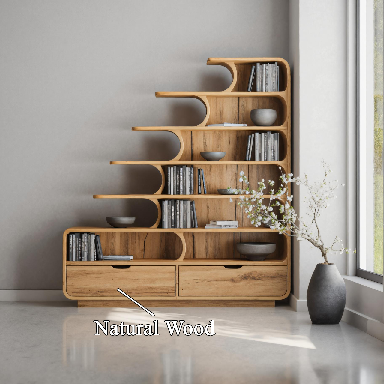 Modern Curved Bookshelf With Tiered Design And Drawers For Living Room Or Office SITHTTBS025