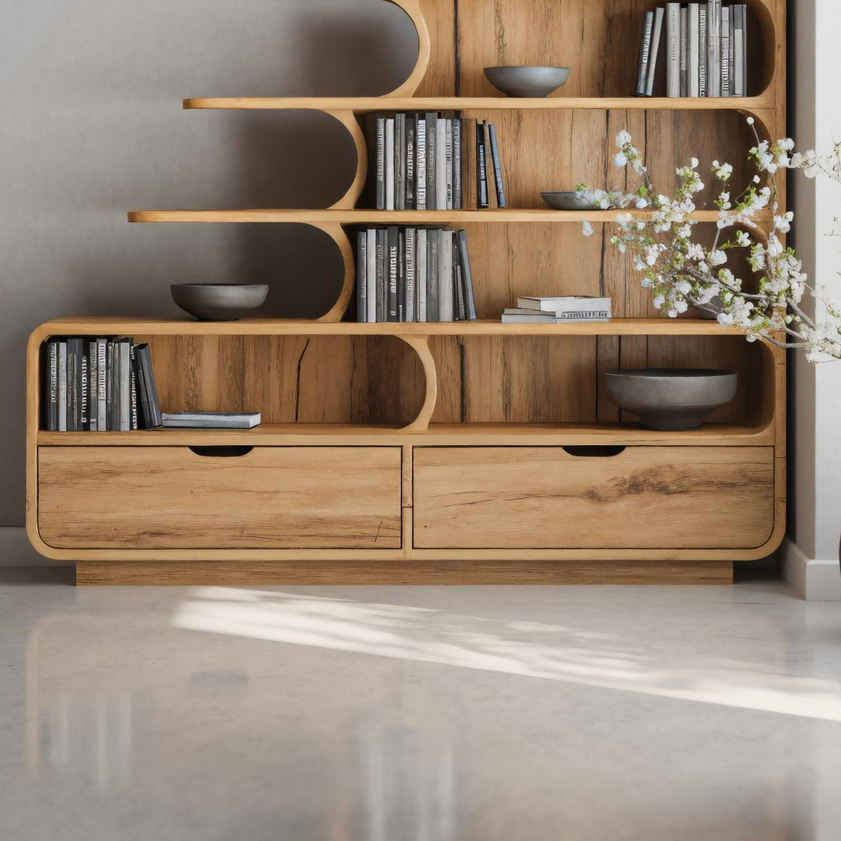 Modern Curved Bookshelf With Tiered Design And Drawers For Living Room Or Office SITHTTBS025