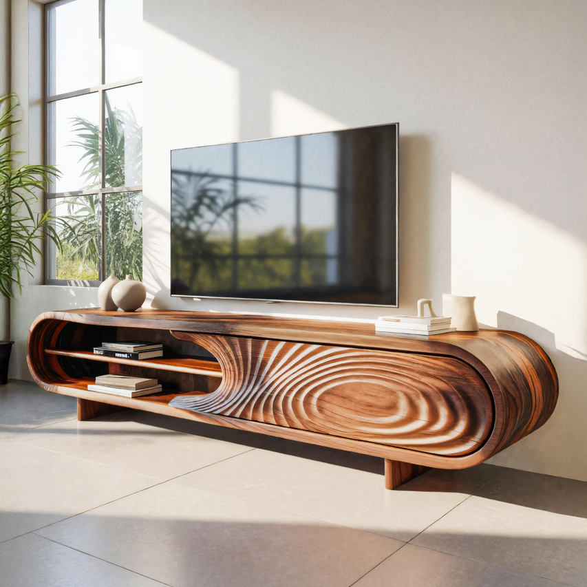 Modern Sculptural Wood TV Stand With Curved Grain Pattern For Living Room SITHTTTVC010