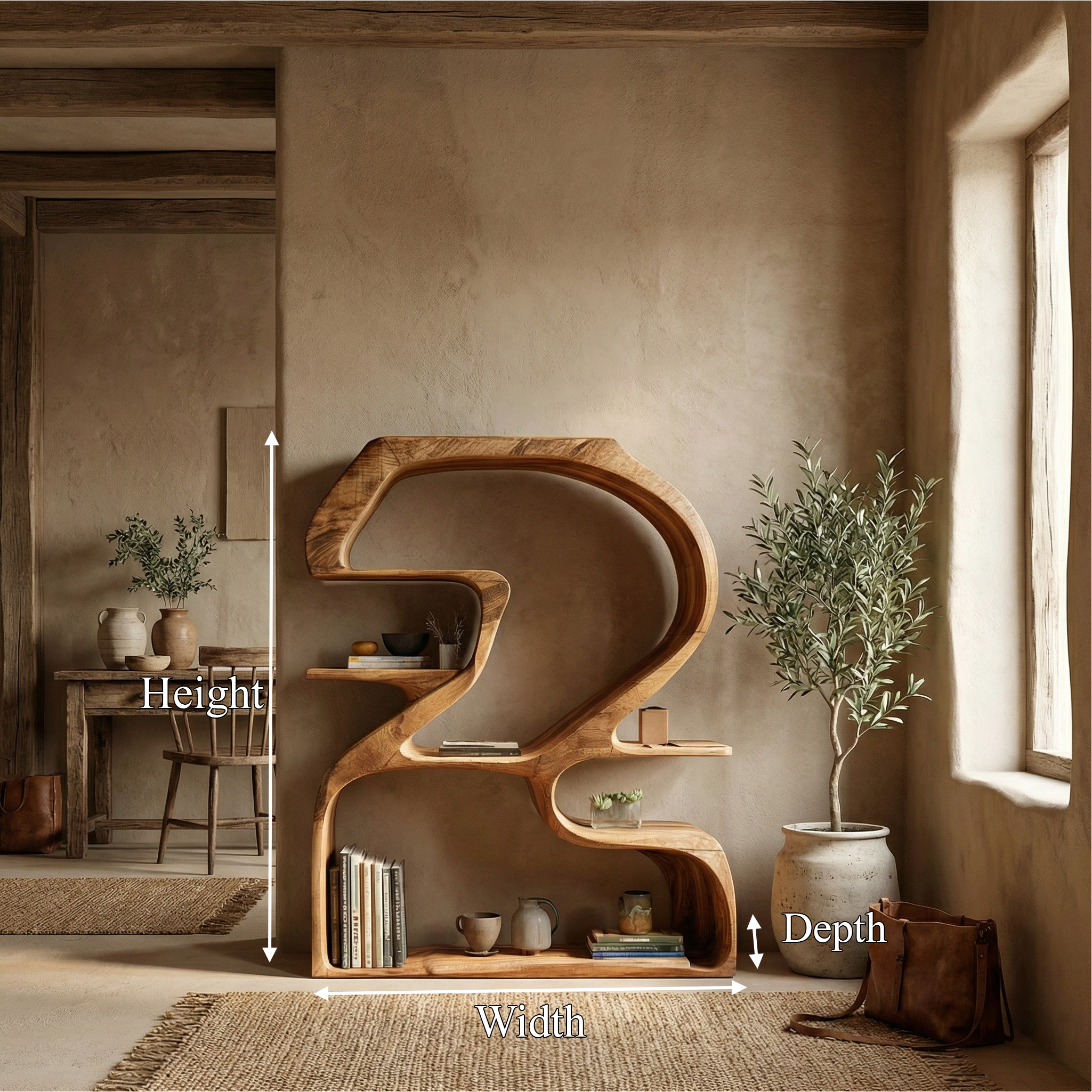 Rustic Sculptural Bookshelf For Living Room And Entryway SINLSASC469