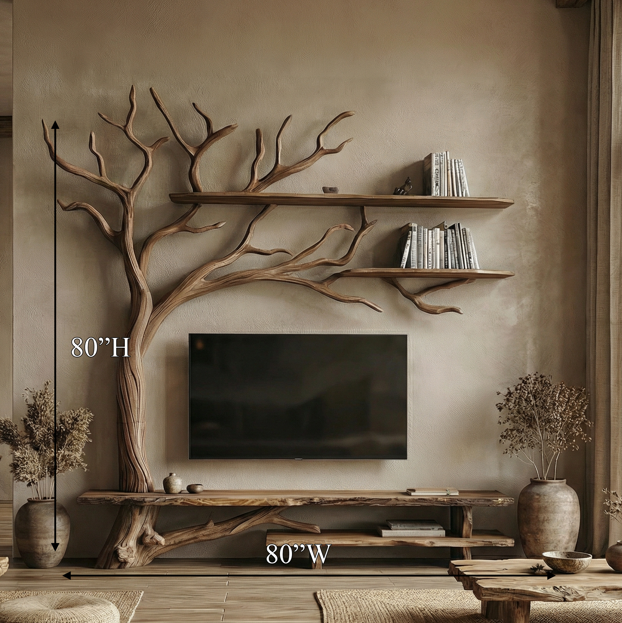 Rustic Tree Wall TV Stand System For Living Room And Media Space SINLSATB705