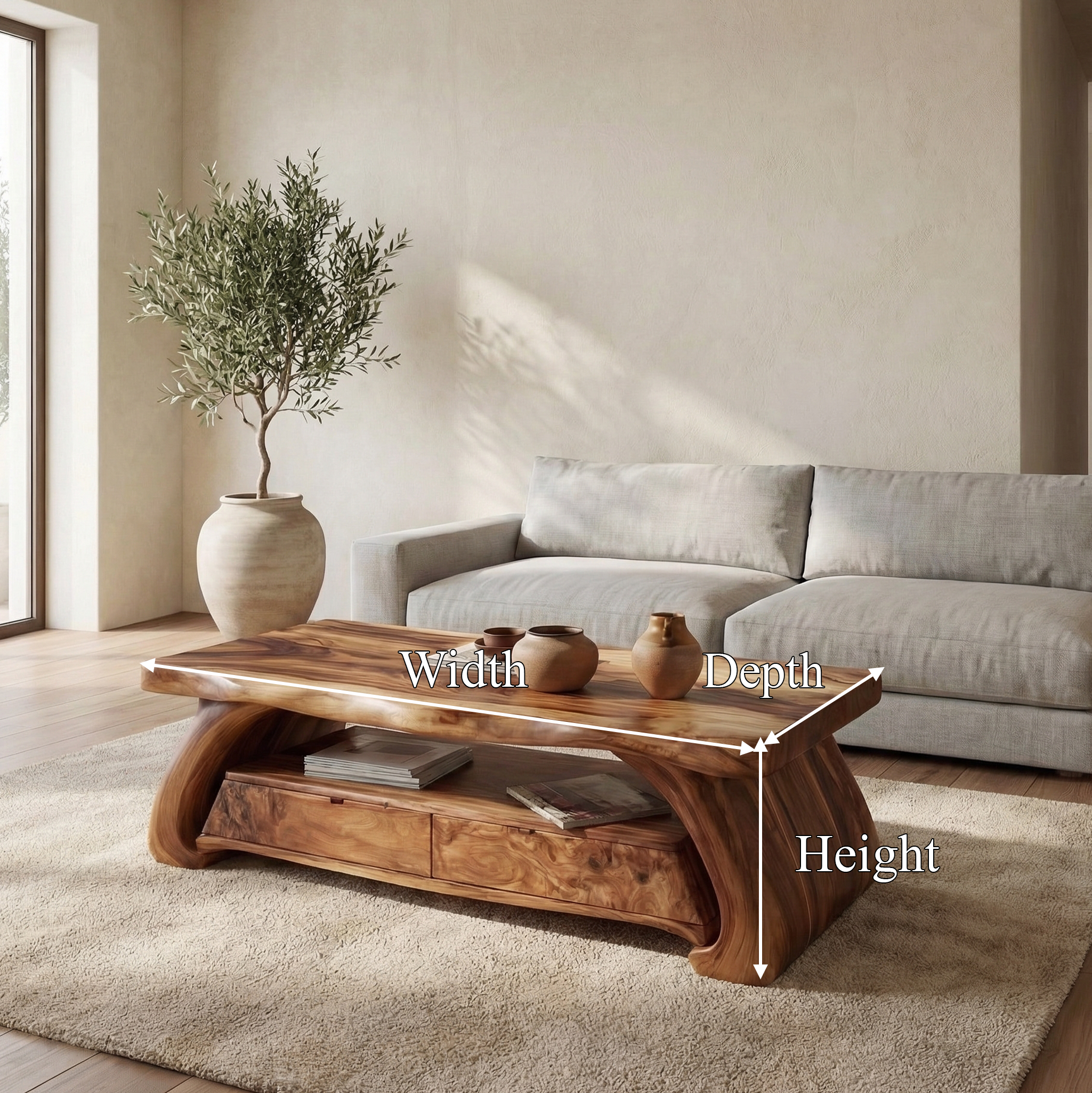 Rustic Solid Wood Coffee Table Natural Sculptural Base Living Room SINLSACF325