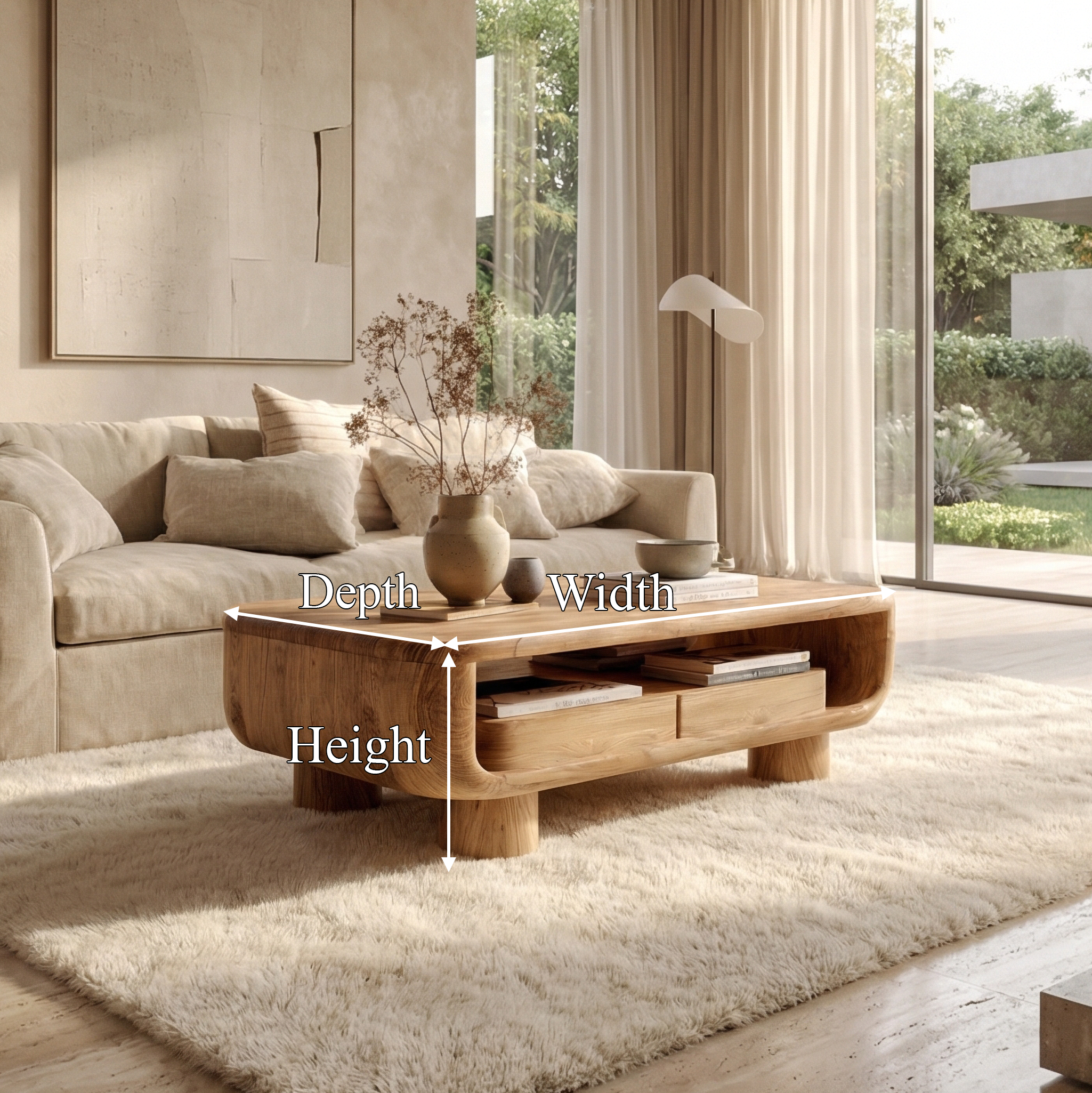 Organic Solid Wood Coffee Table Storage Shelf Living Room SINLSACF329