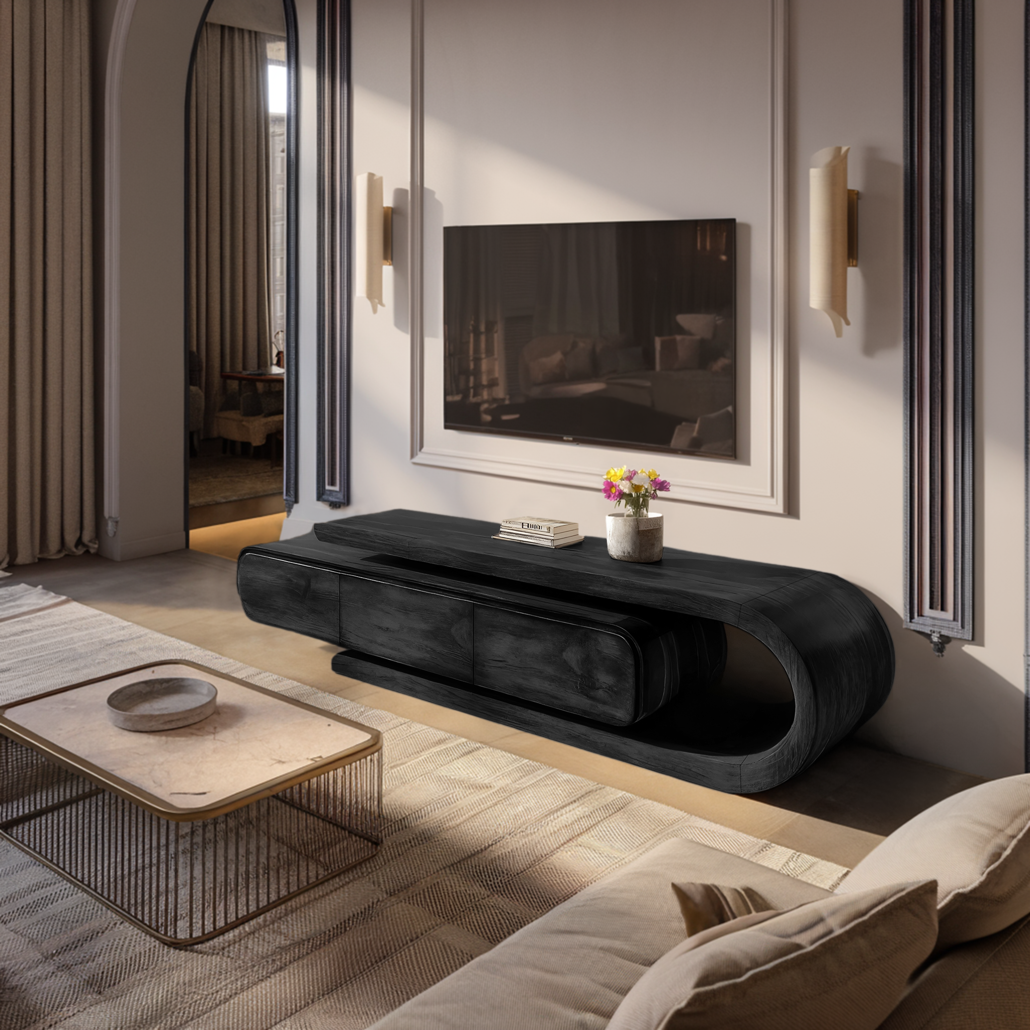 Contemporary Curved Wooden TV Console For Living Room RTTHHNTVC065