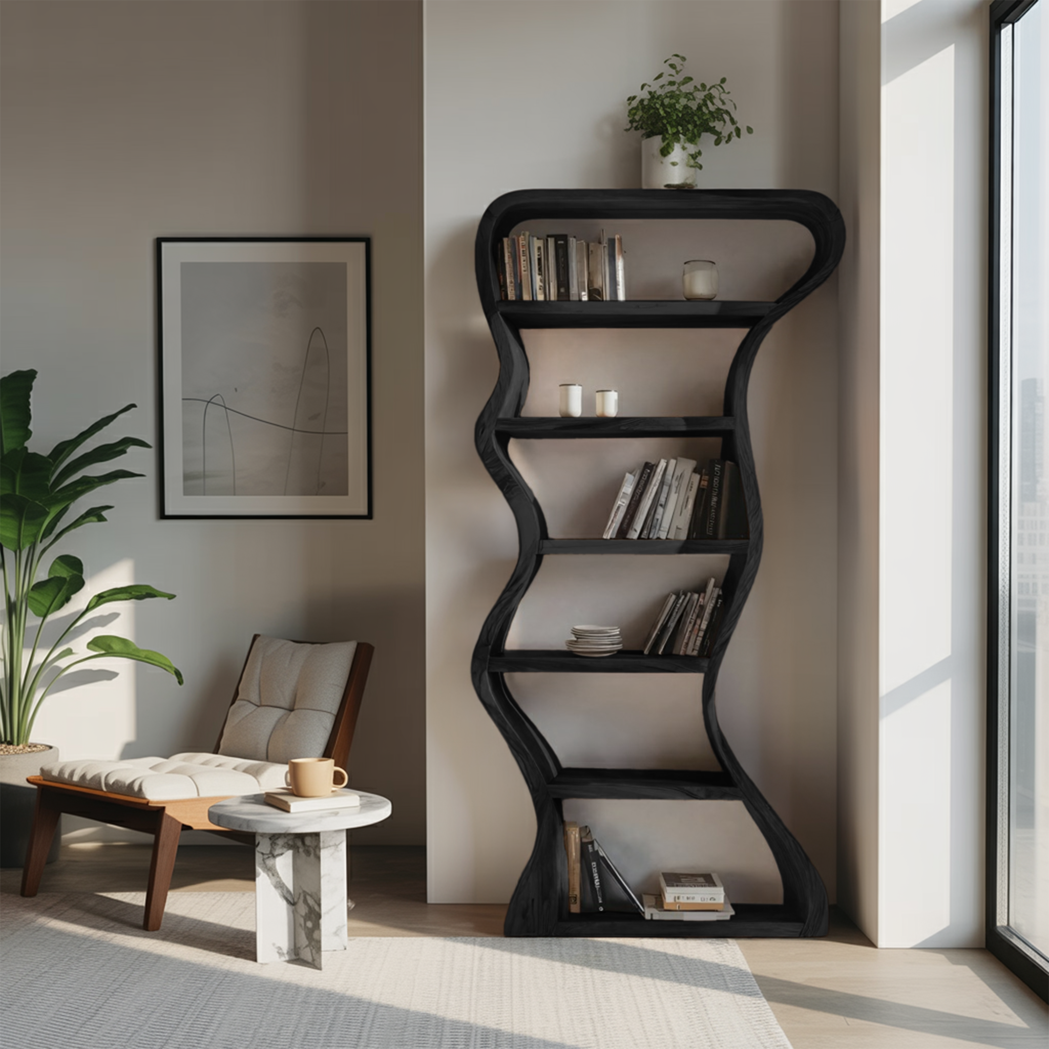 Organic Sculpture Wavy Bookshelf For Living Room Or Office Furniture SITHHNBS068