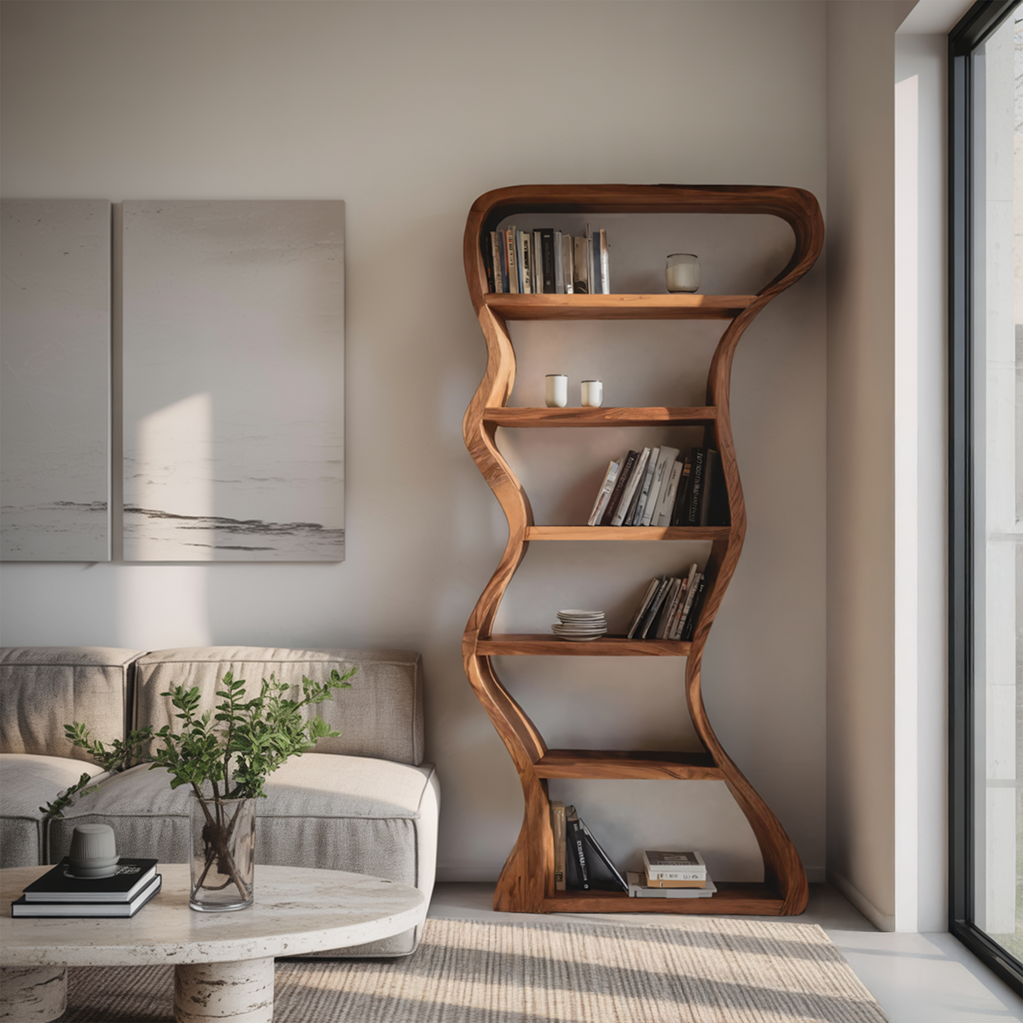 Organic Sculpture Wavy Bookshelf For Living Room Or Office Furniture SITHHNBS068