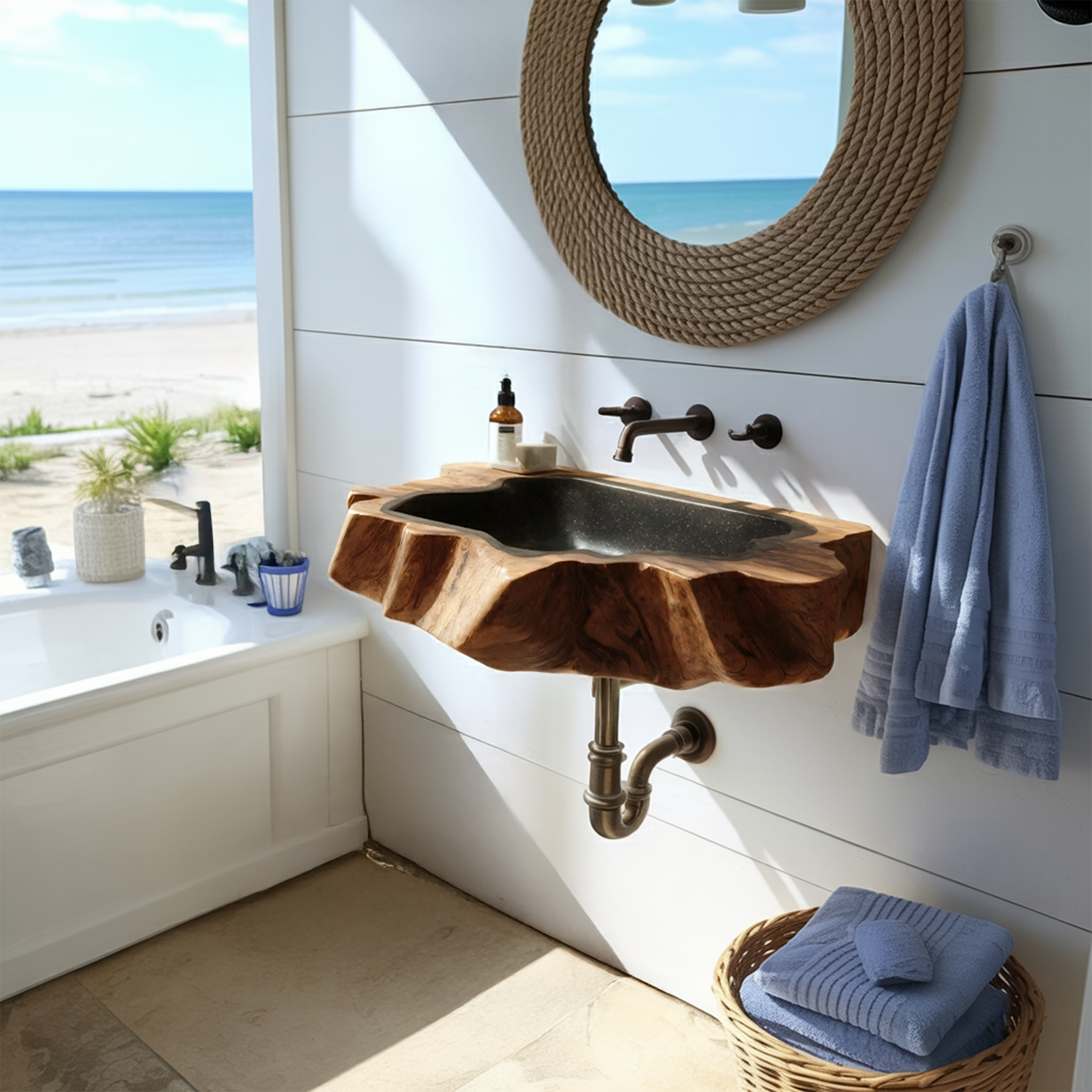 Handcrafted Wooden Wall Mounted Bathroom Sink For Natural Decor SILDTTNVS075