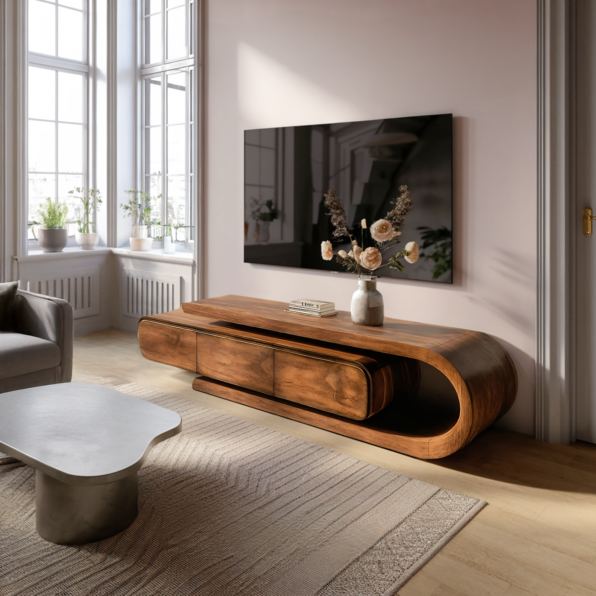 Contemporary Curved Wooden TV Console For Living Room RTTHHNTVC065