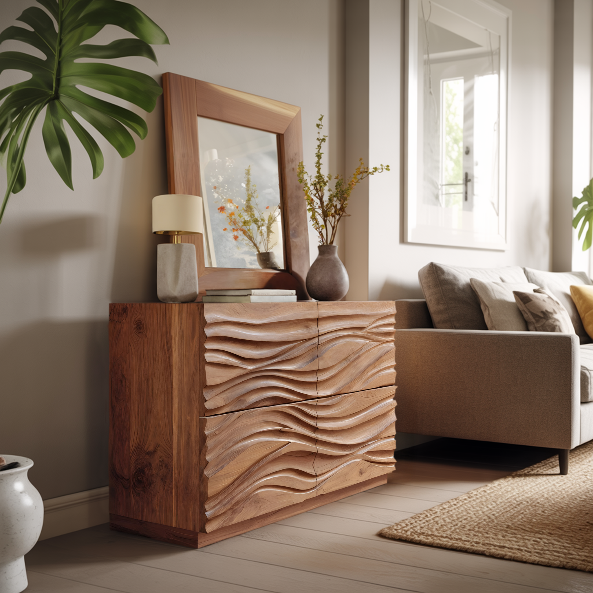 Handcrafted Sideboard Carved Wave Design For Living Decor RTTHHNSD007