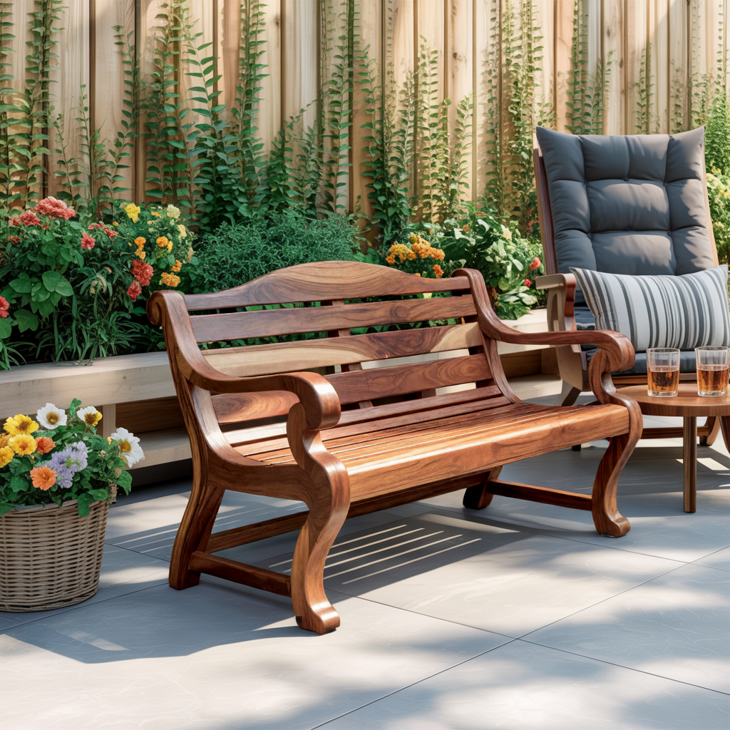 Classic Curved Wood Garden Bench With Sculpted Arms For Patio Or Entryway SITHTTCHR032