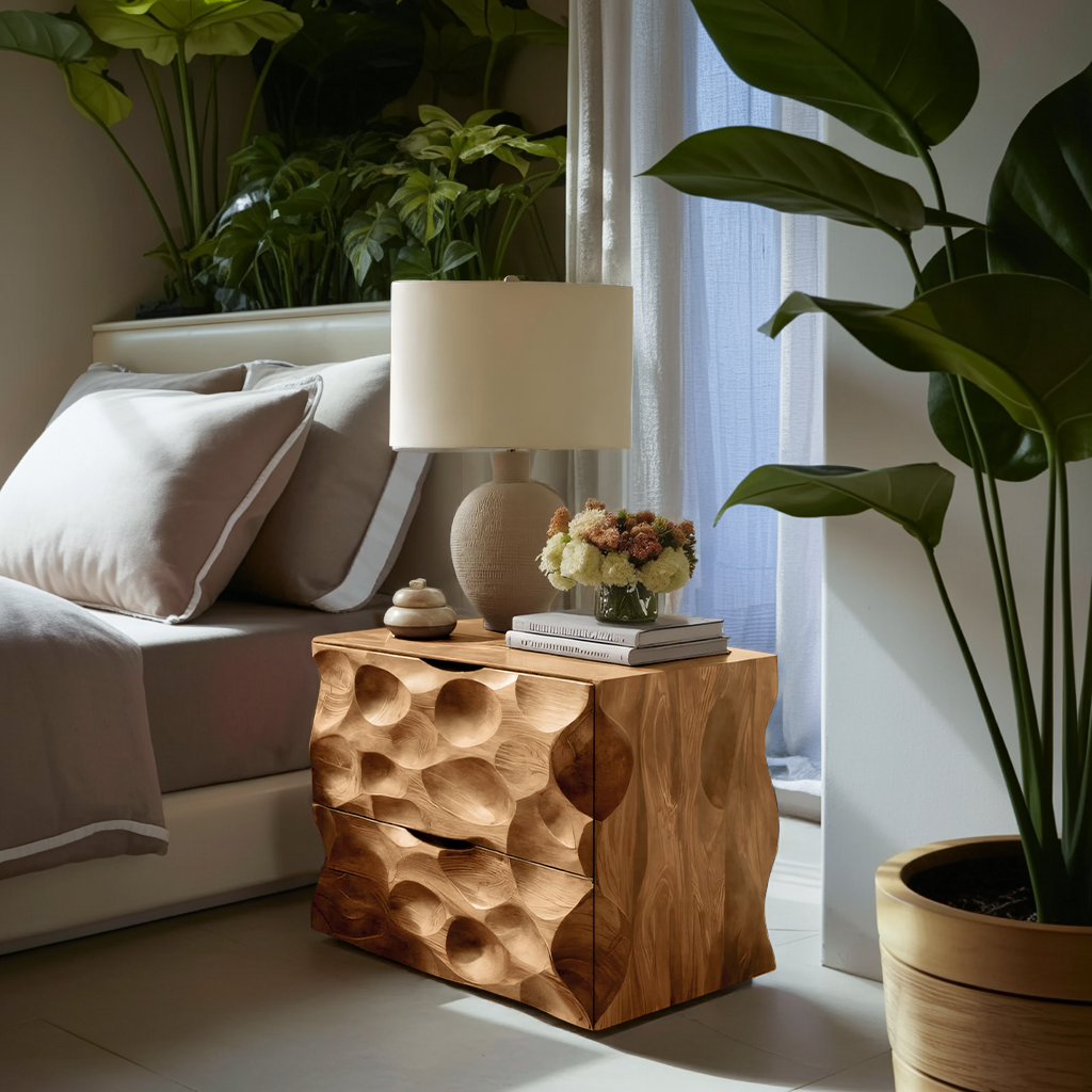 Carved Nightstand With Two Drawers For Bedroom SITHTTNS013
