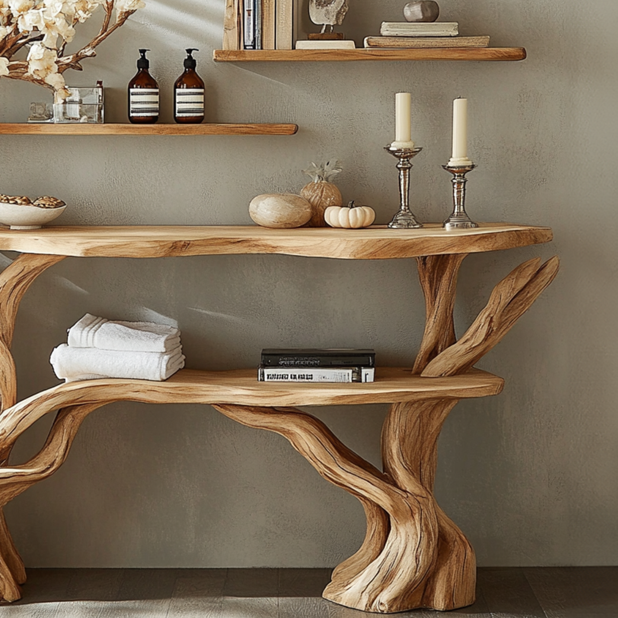 Narrow Console Table With Tree Branch Bookshelf SINLCS041