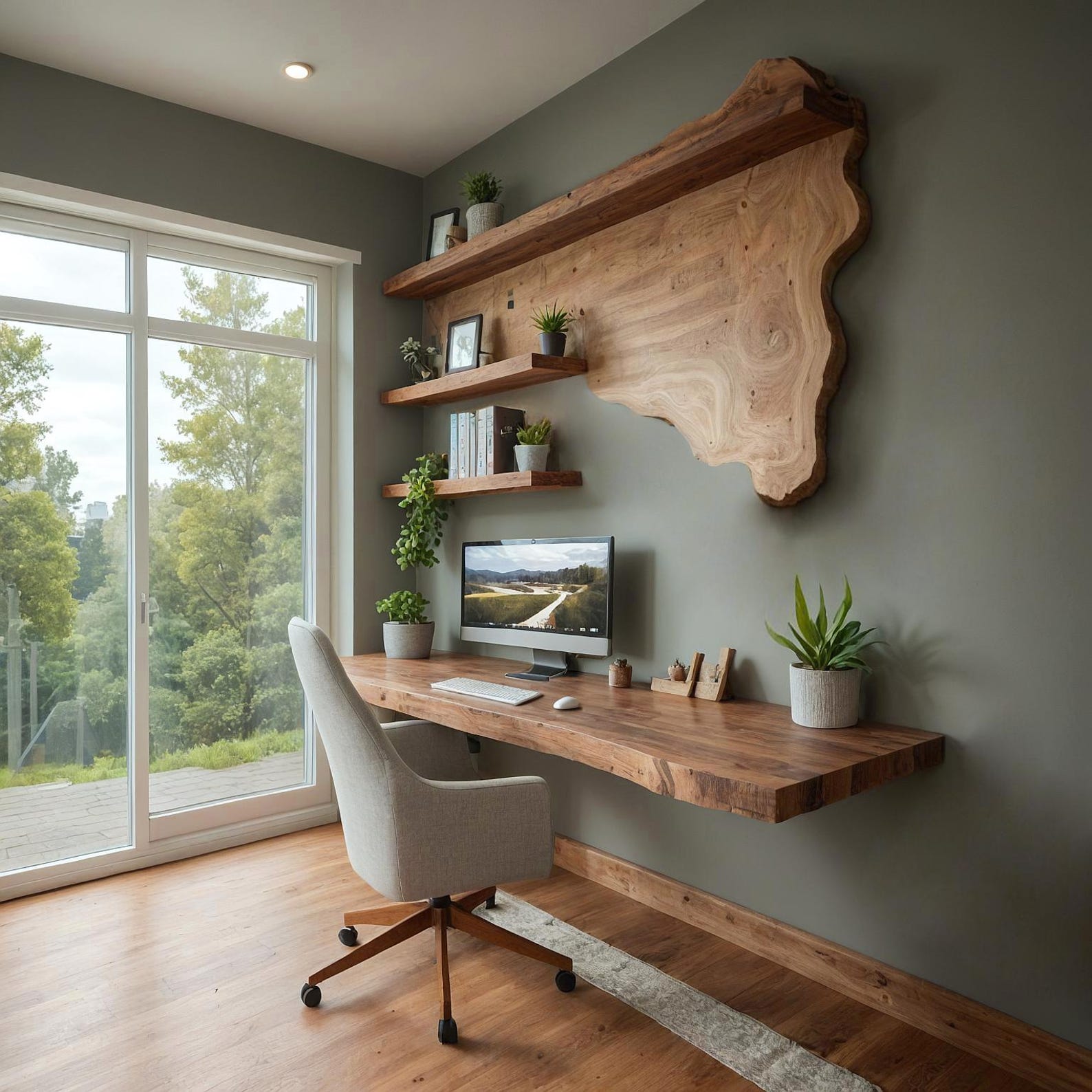 Rustic Live Edge Desk And Wall Shelf System For Home Office SITHBS006