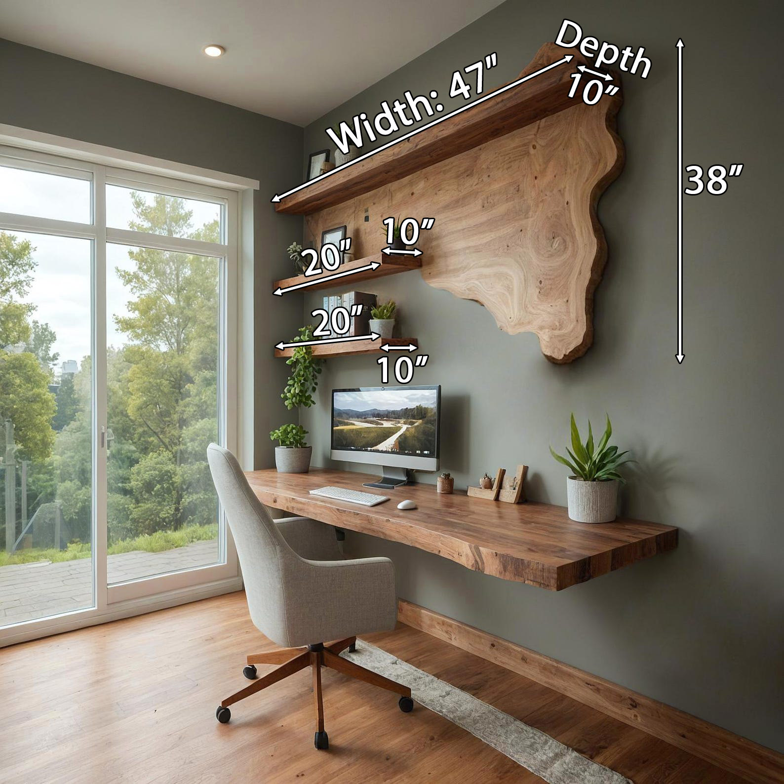 Rustic Live Edge Desk And Wall Shelf System For Home Office SITHBS006