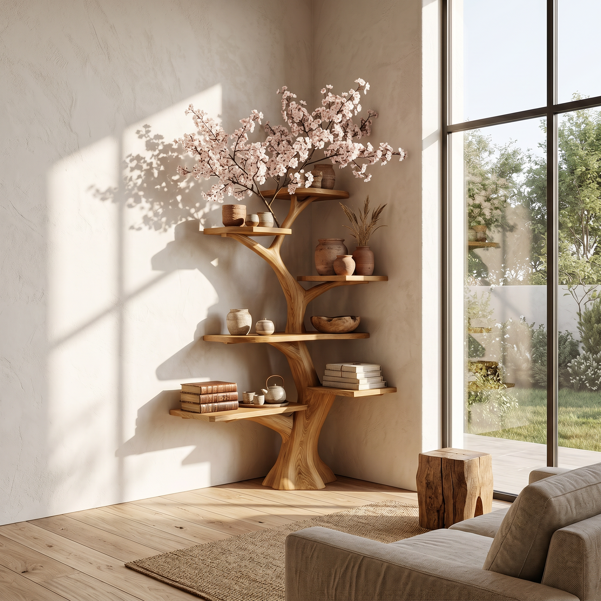 Rustic Corner Tree Bookshelf Living Room Wall SINLSATB309