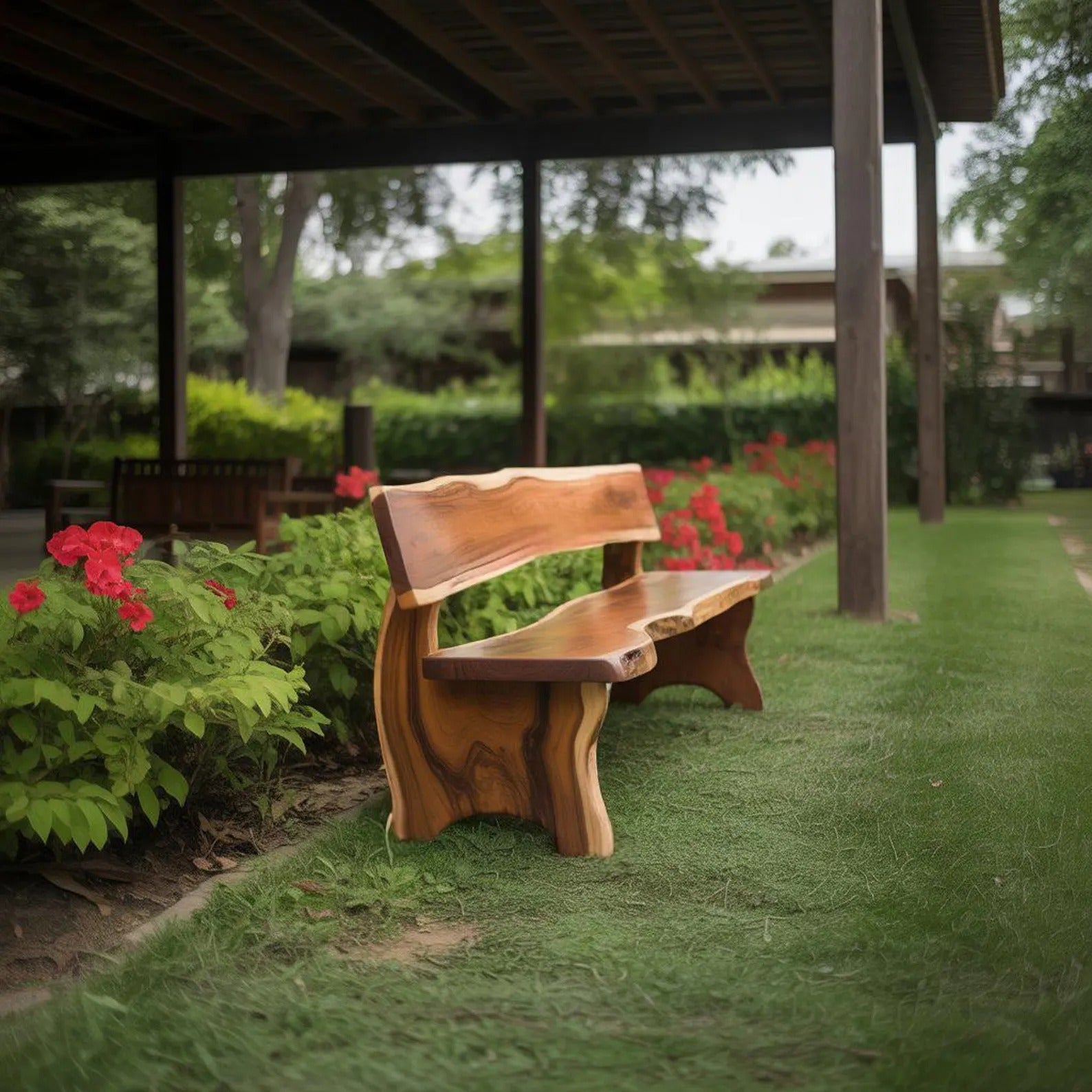 Rustic Outdoor Bench With Backrest Live Edge For Garden Porch And Patio SITHCHR034