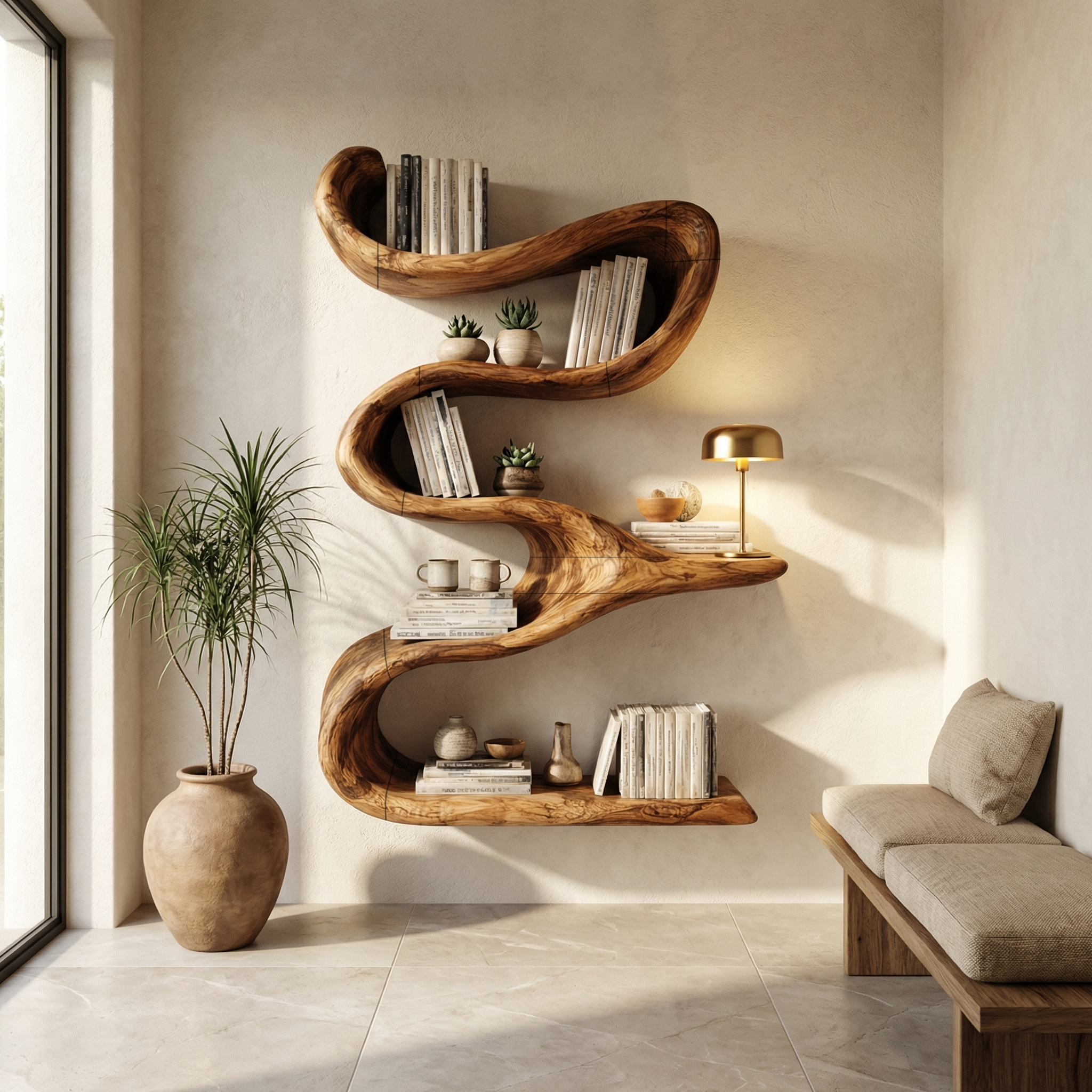 Modern Organic Wall Bookshelf Solid Wood Flowing Multi Tier Design Living Room SINLHATB710