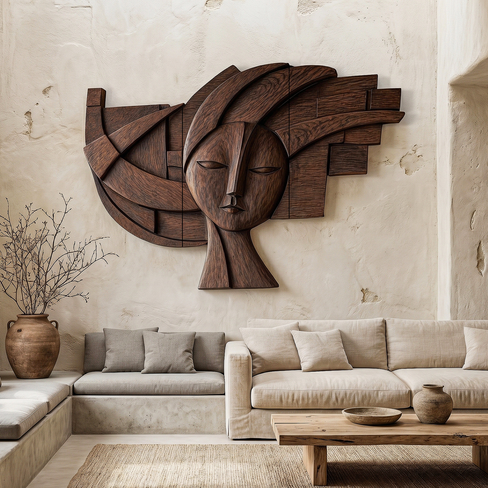 Abstract Tribal Face Wooden Wall Decor For Living Room SINLHAWD073