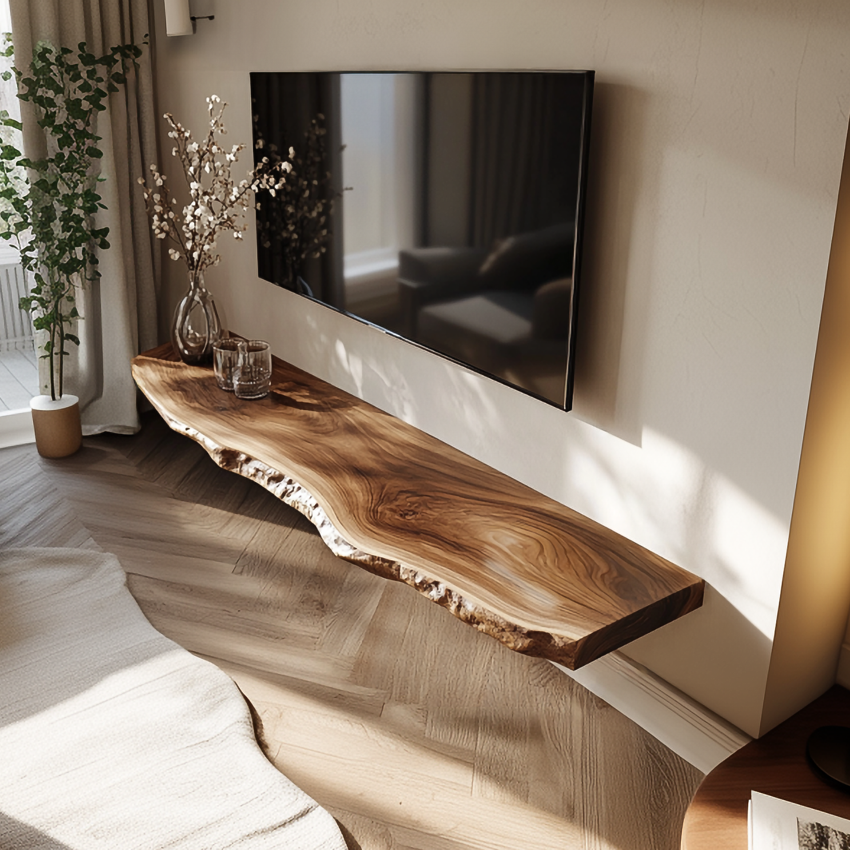 Live Edge Solid Wood Floating TV Console Organic Modern Living Room Interior SINLSAFL362