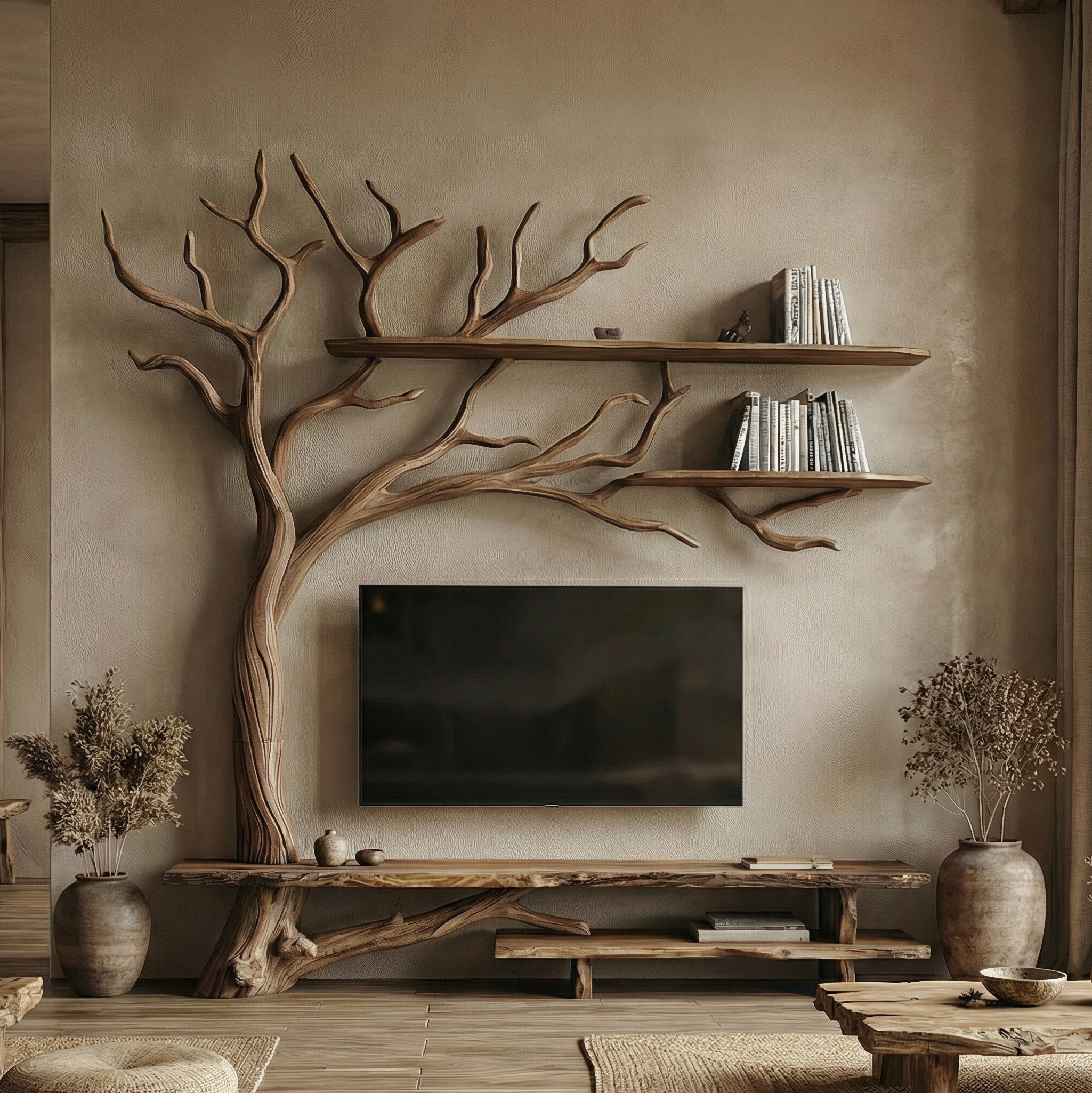 Rustic Tree Wall TV Stand System For Living Room And Media Space SINLSATB705