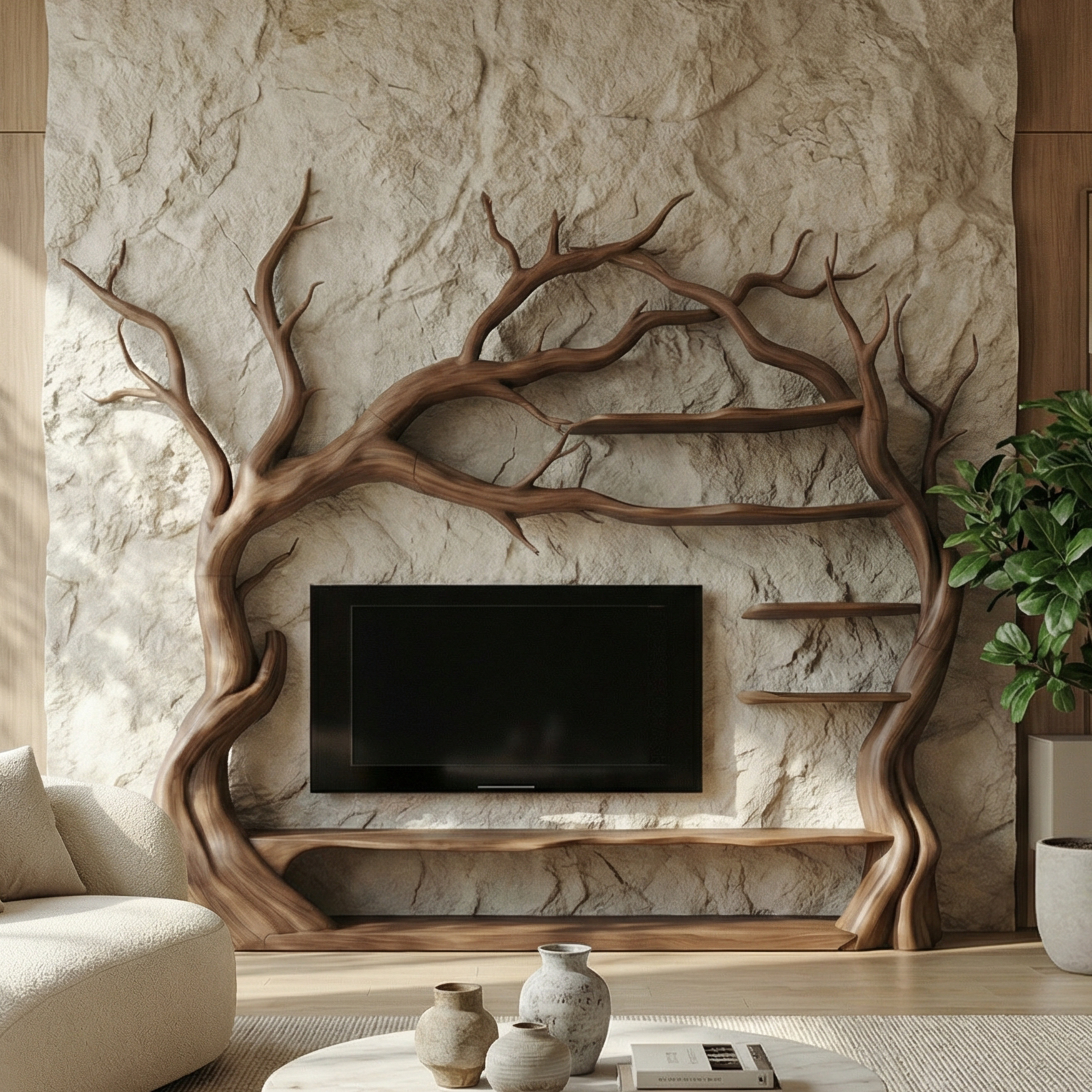 Rustic Statement Tree TV Console For Living Room And Artistic Interior SINLSATB707