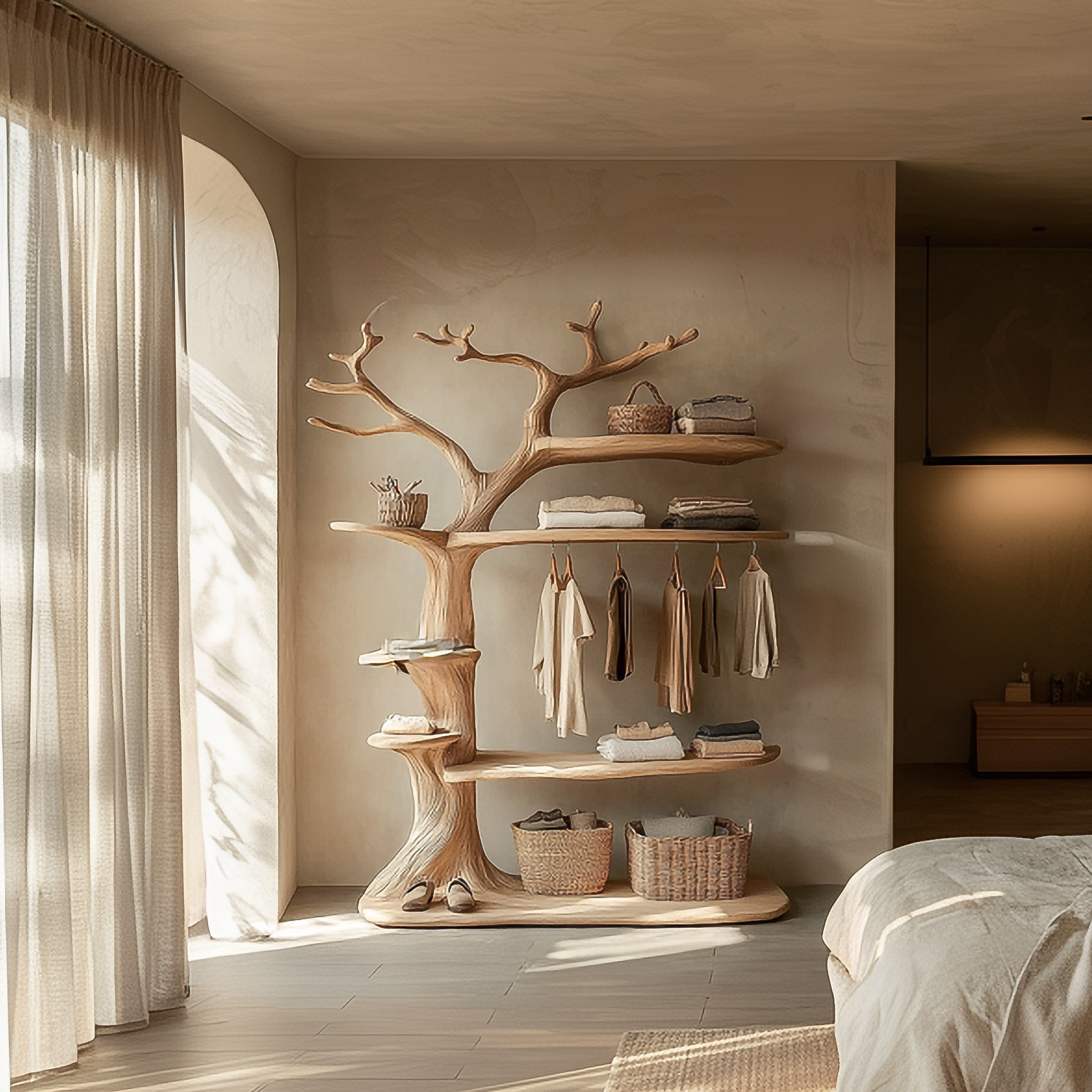 Rustic Tree Clothing Rack With Display Shelves For Bedroom SINLSATCR080