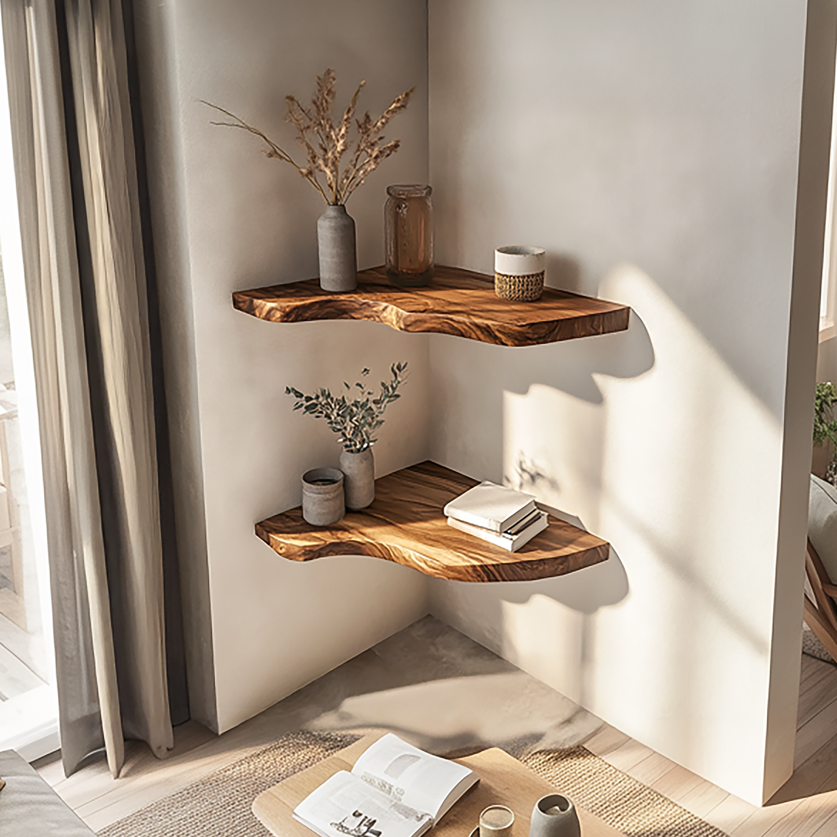 Rustic Sculptural Corner Floating Shelves Solid Wood Living Room Interior Statement Design SINLSAFL414