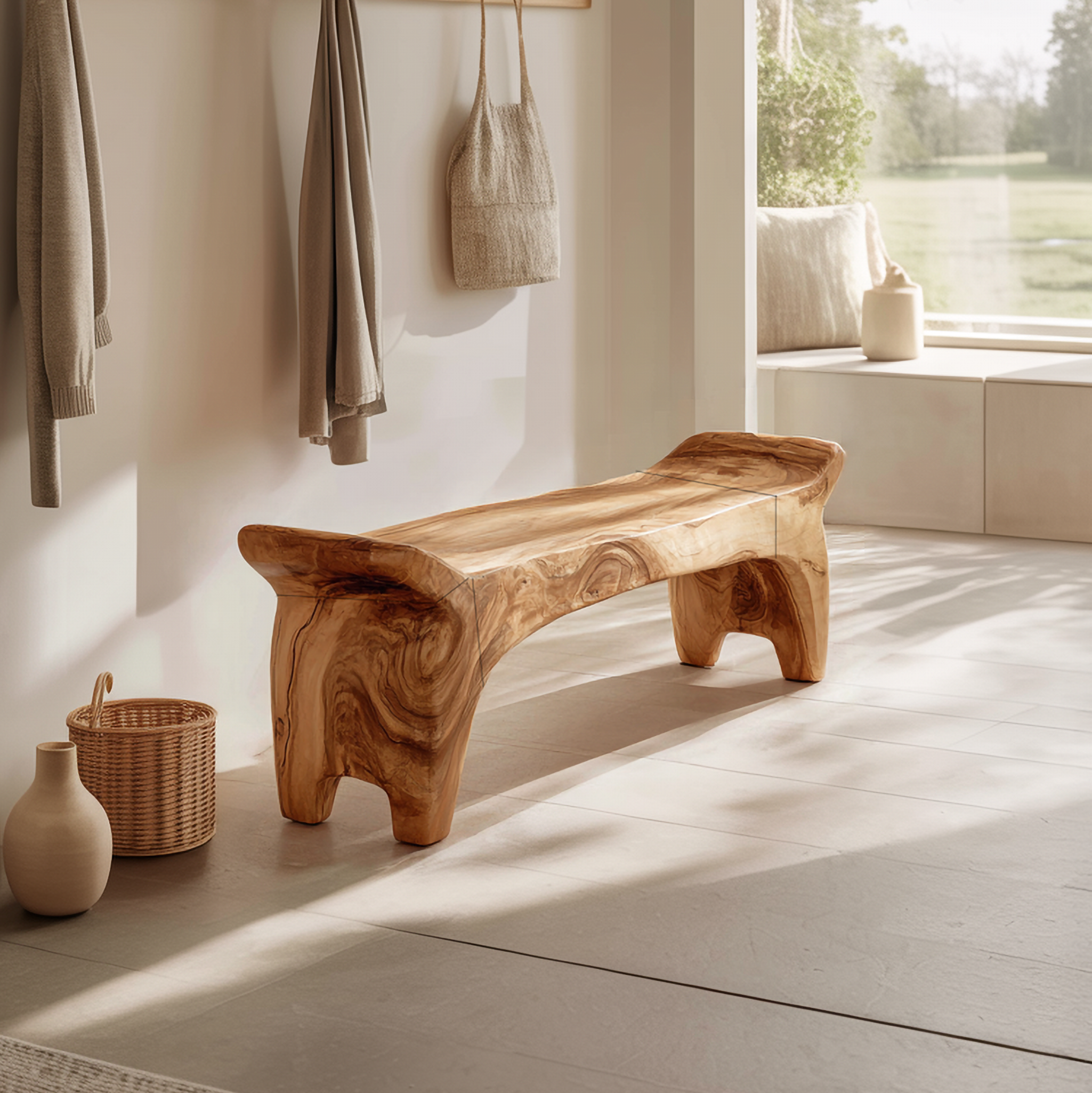 Rustic Sculptural Solid Form Bench For Entryway And Living Room SINLSARS076