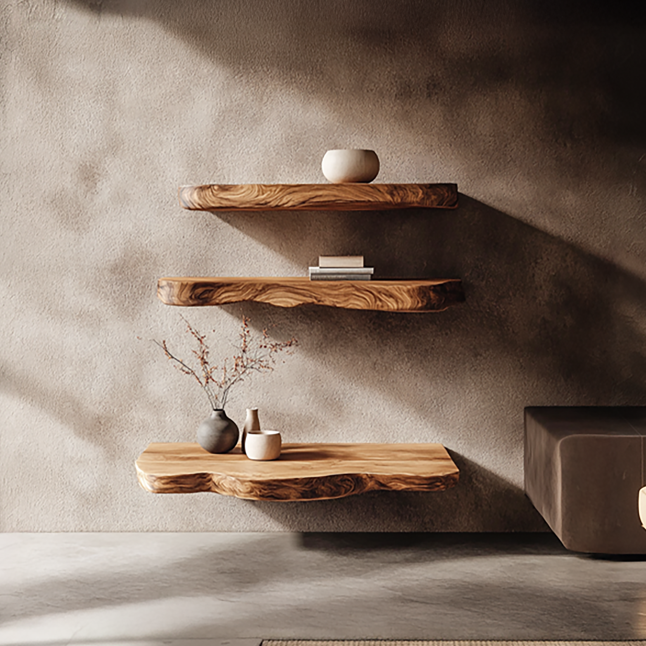 Rustic Nature Inspired Floating Display Shelves Solid Wood Living Room Interior Statement Feature SINLSAFL416