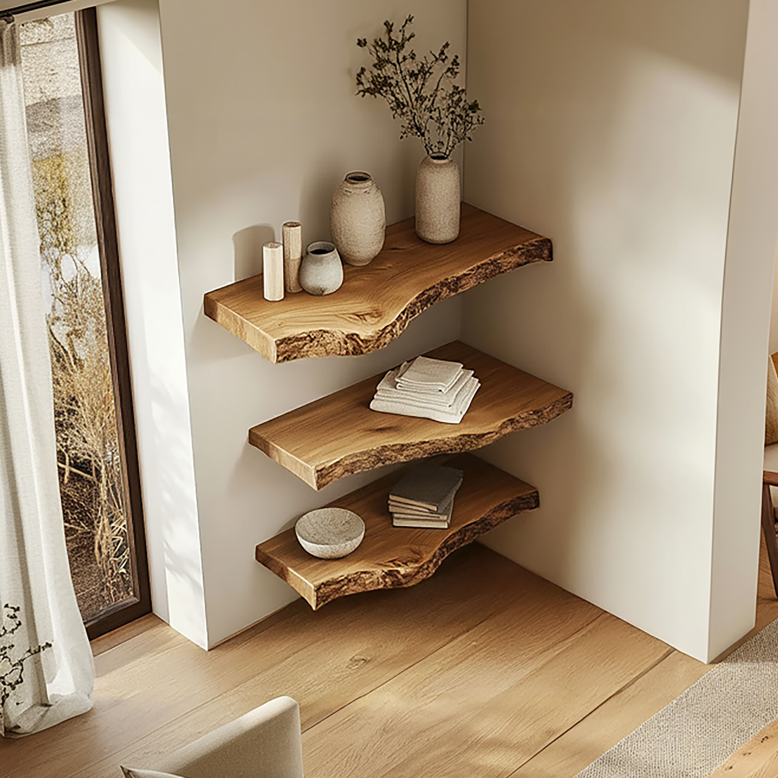 Rustic Sculptural Corner Floating Shelves Solid Wood Living Room Interior Statement Design SINLSAFL418