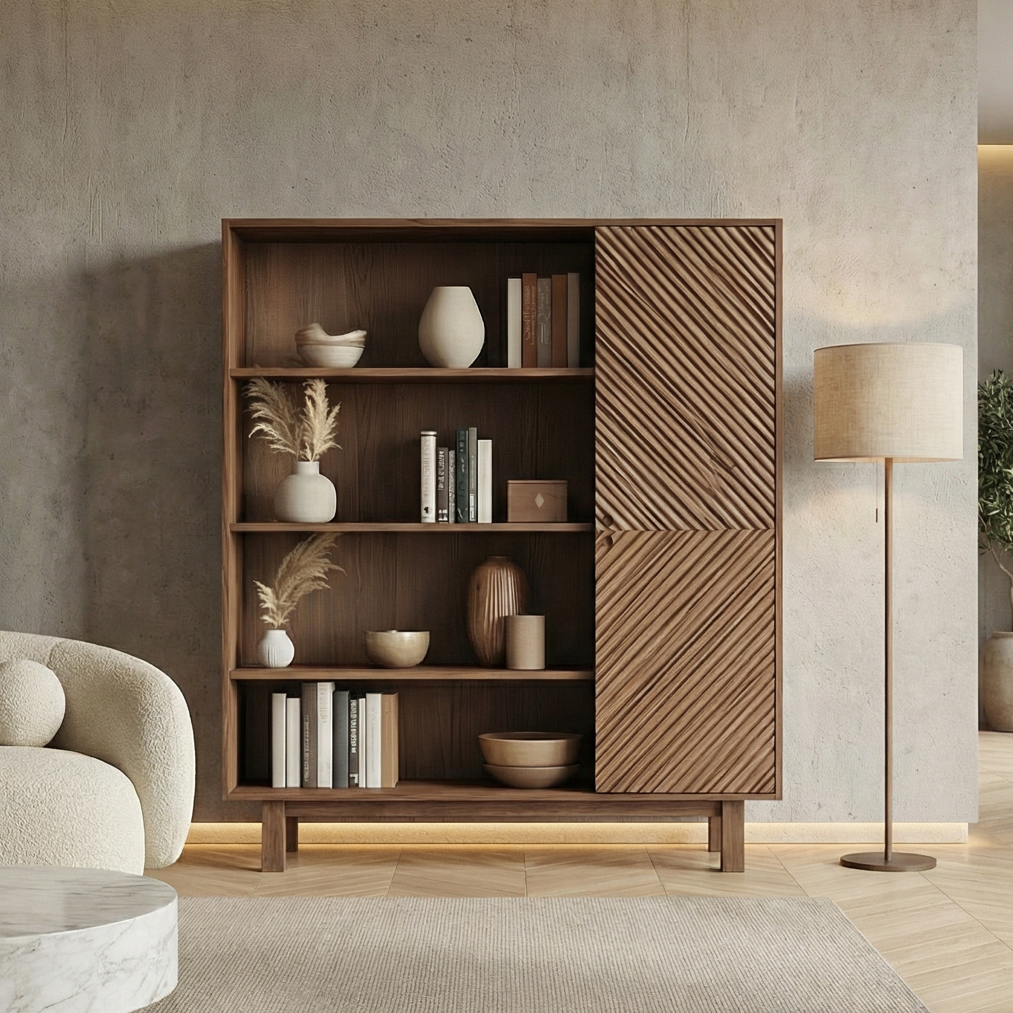 Mid Century Slatted Storage Cabinet For Living Room And Dining Room SINLSASC481