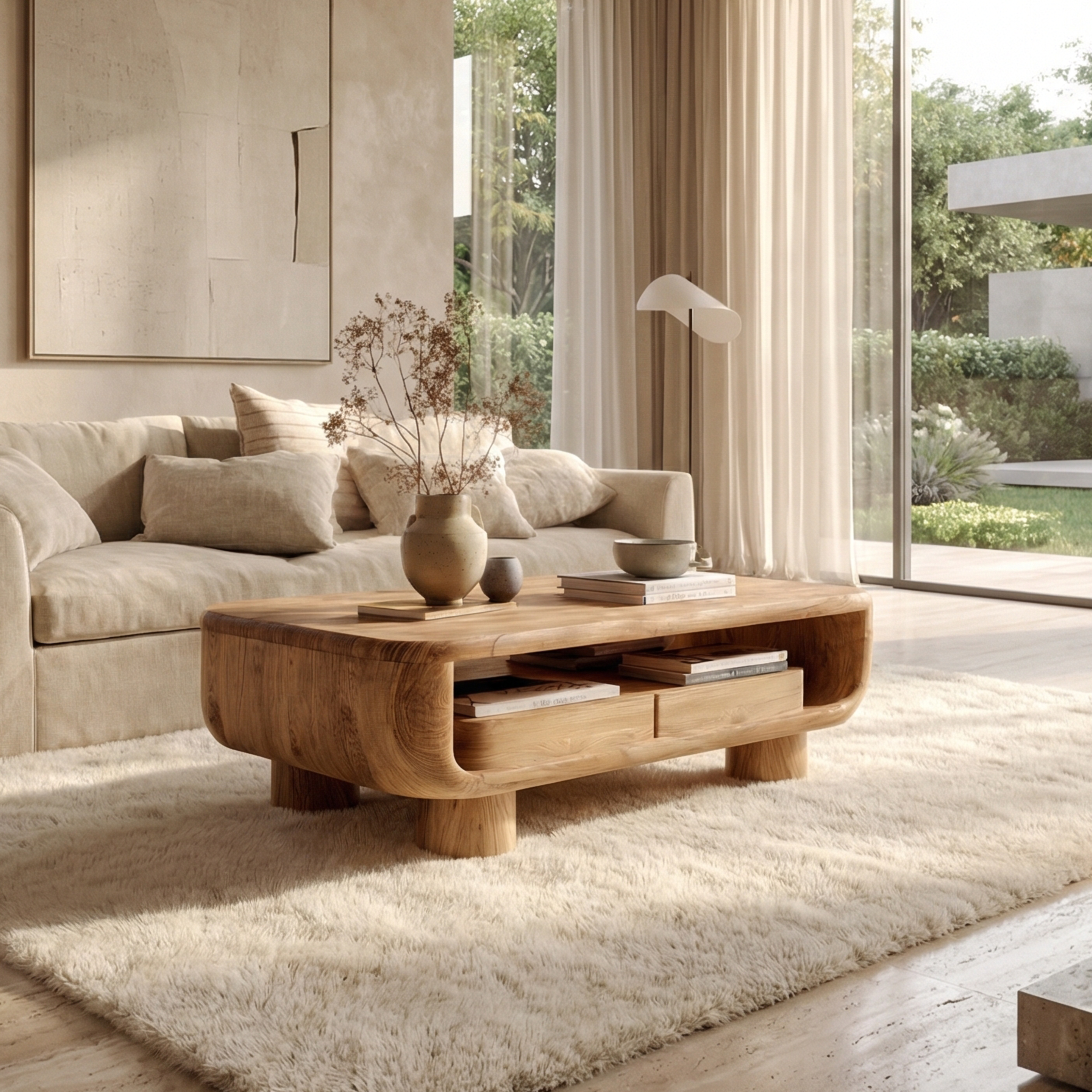 Organic Solid Wood Coffee Table Storage Shelf Living Room SINLSACF329